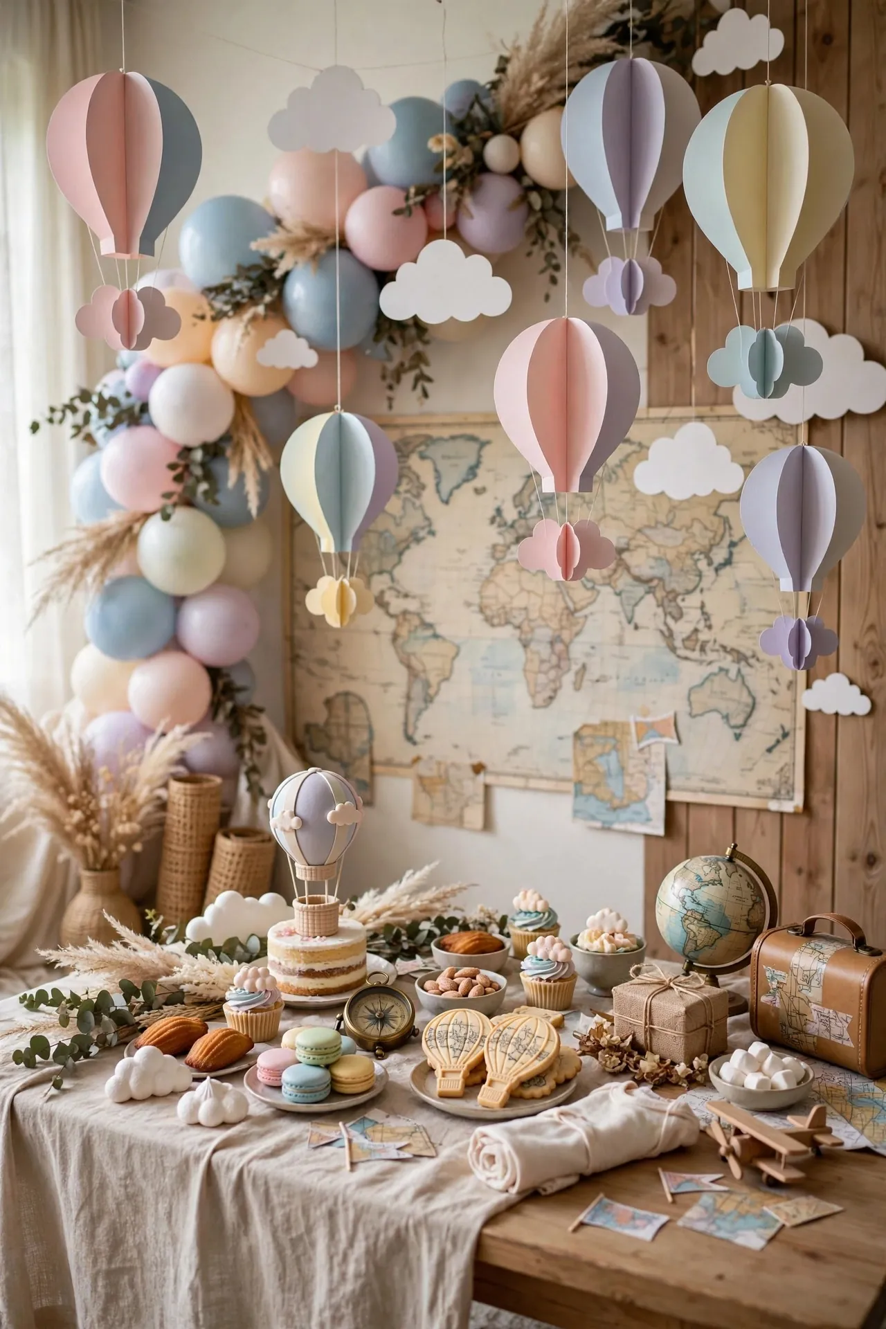 Hot air balloon baby shower with clouds and pastel balloons