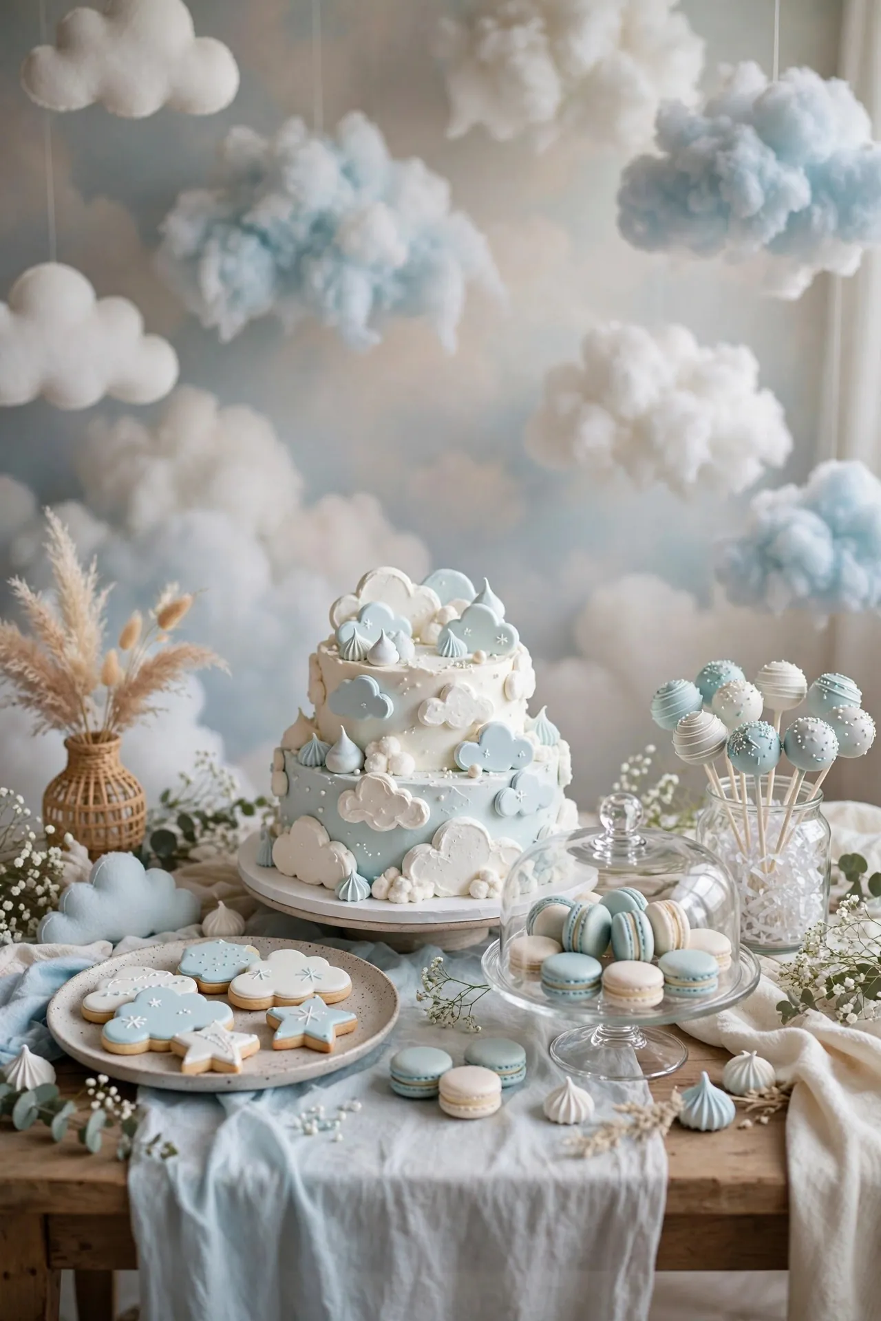 Baby shower dessert table with cookies and a cloud cake