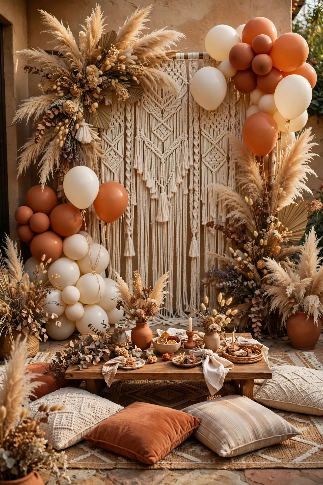 Boho baby shower with pampas grass and macrame