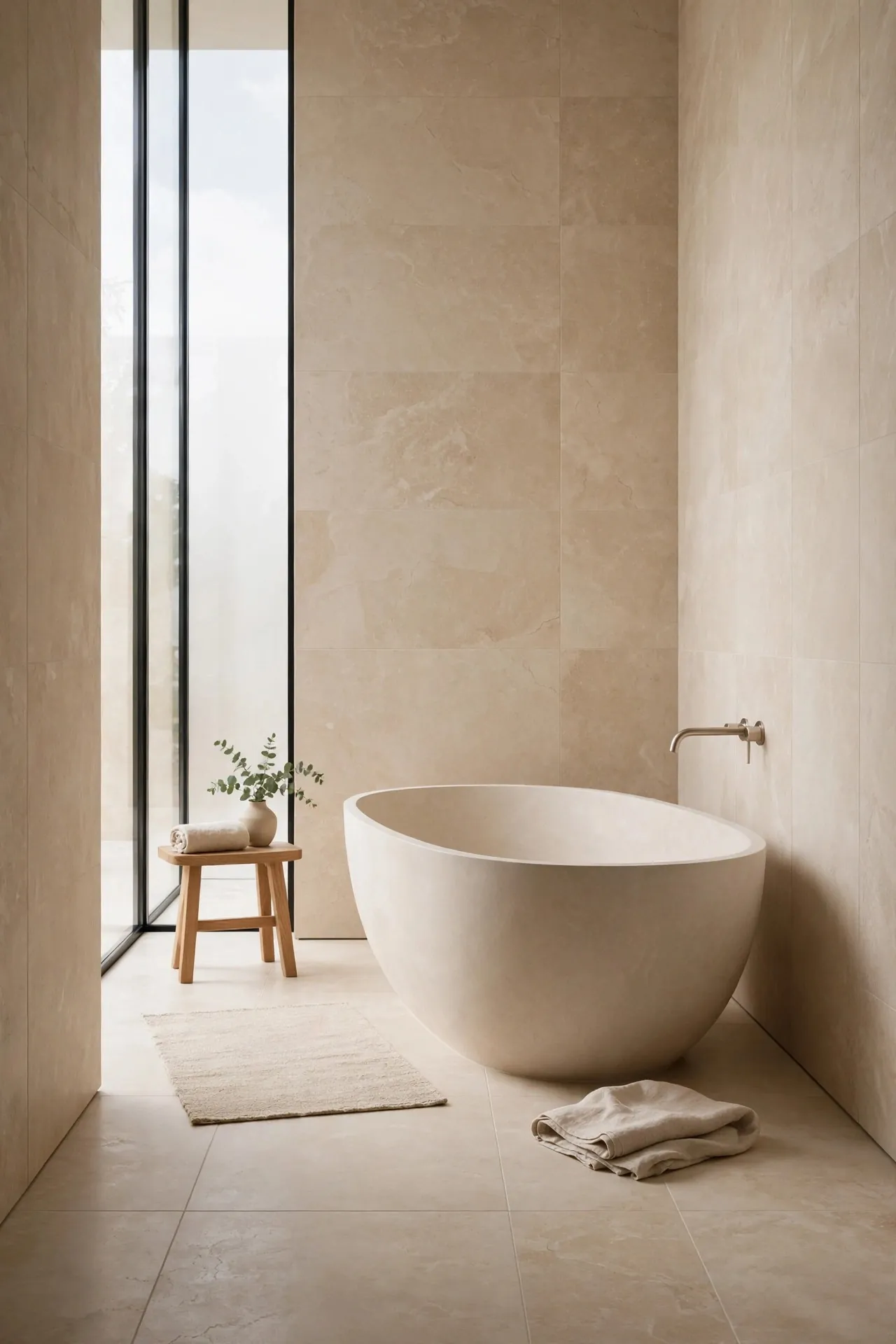 Bathroom with the same stone tile on floor and walls