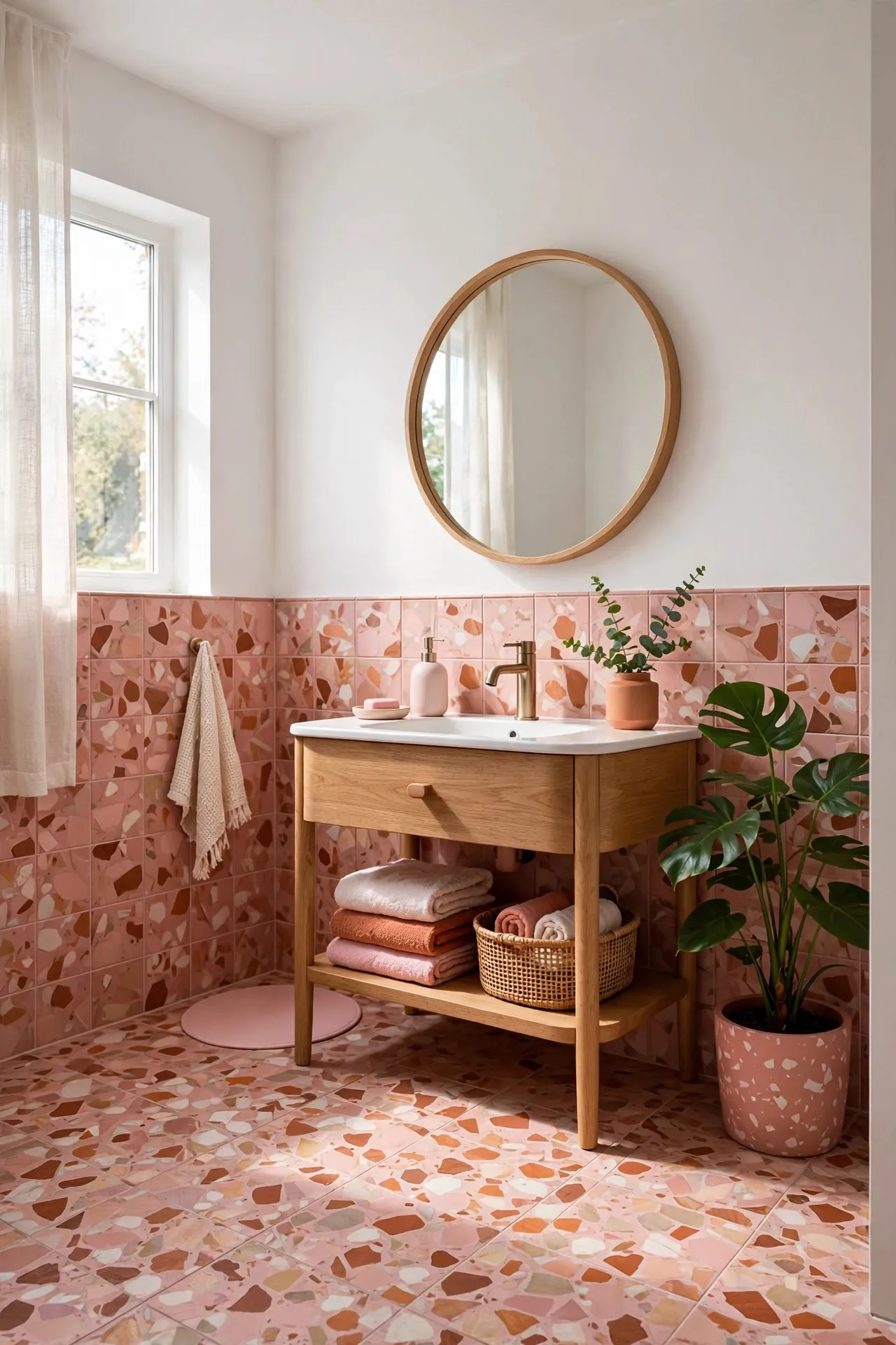 Bathroom with colorful terrazzo floor and wall