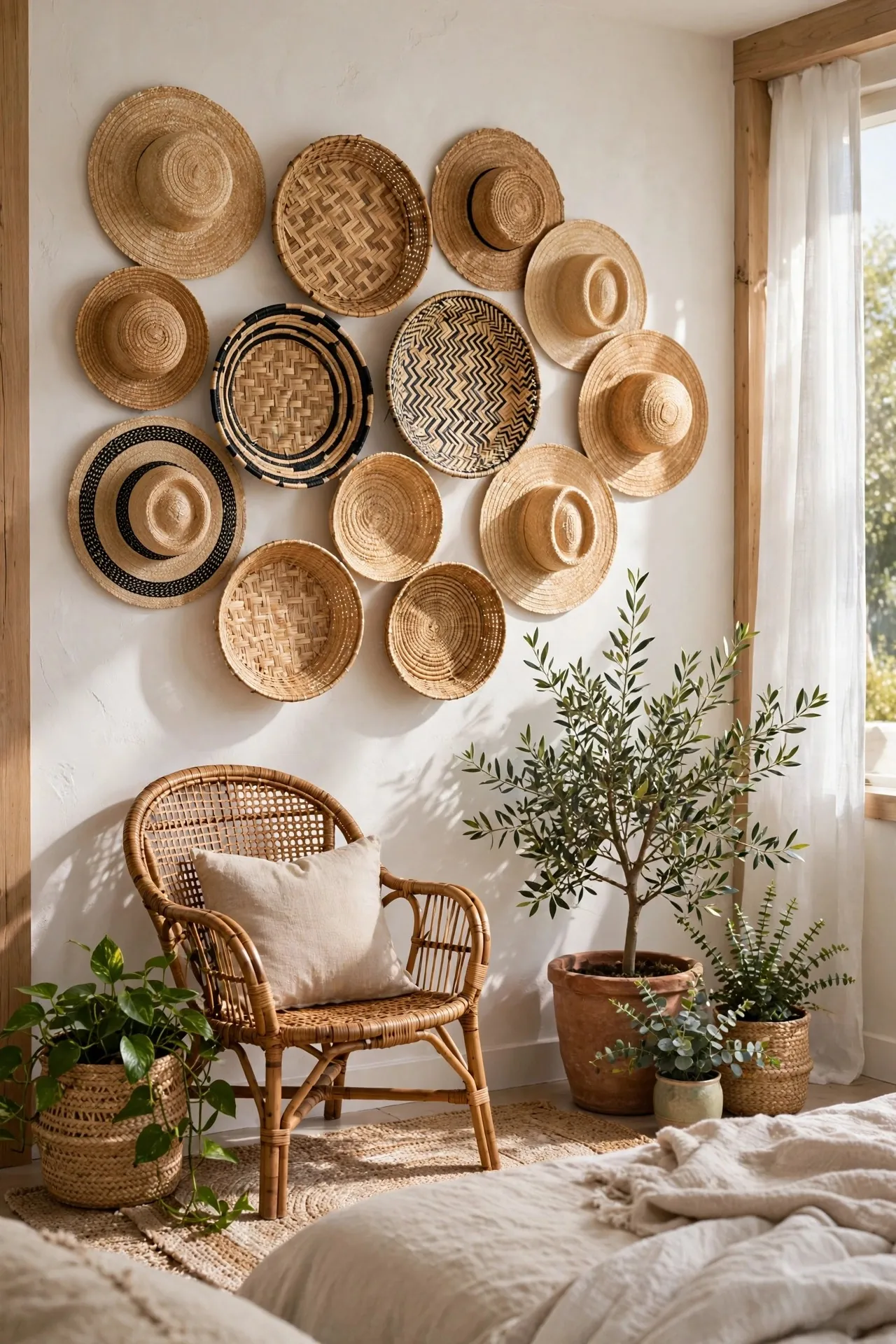 Bedroom wall decorated with woven baskets and straw hats