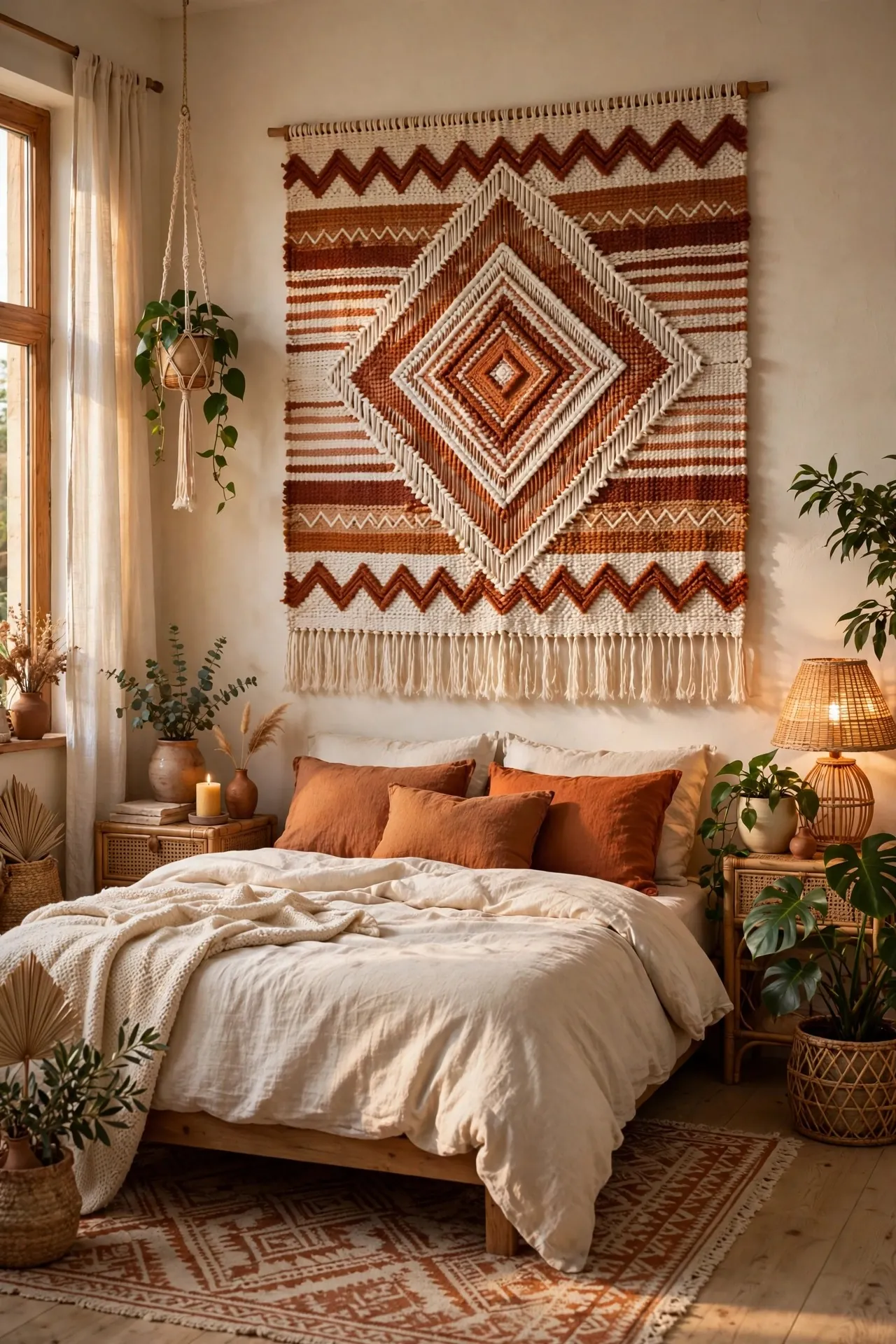 Bedroom with a large woven textile wall hanging