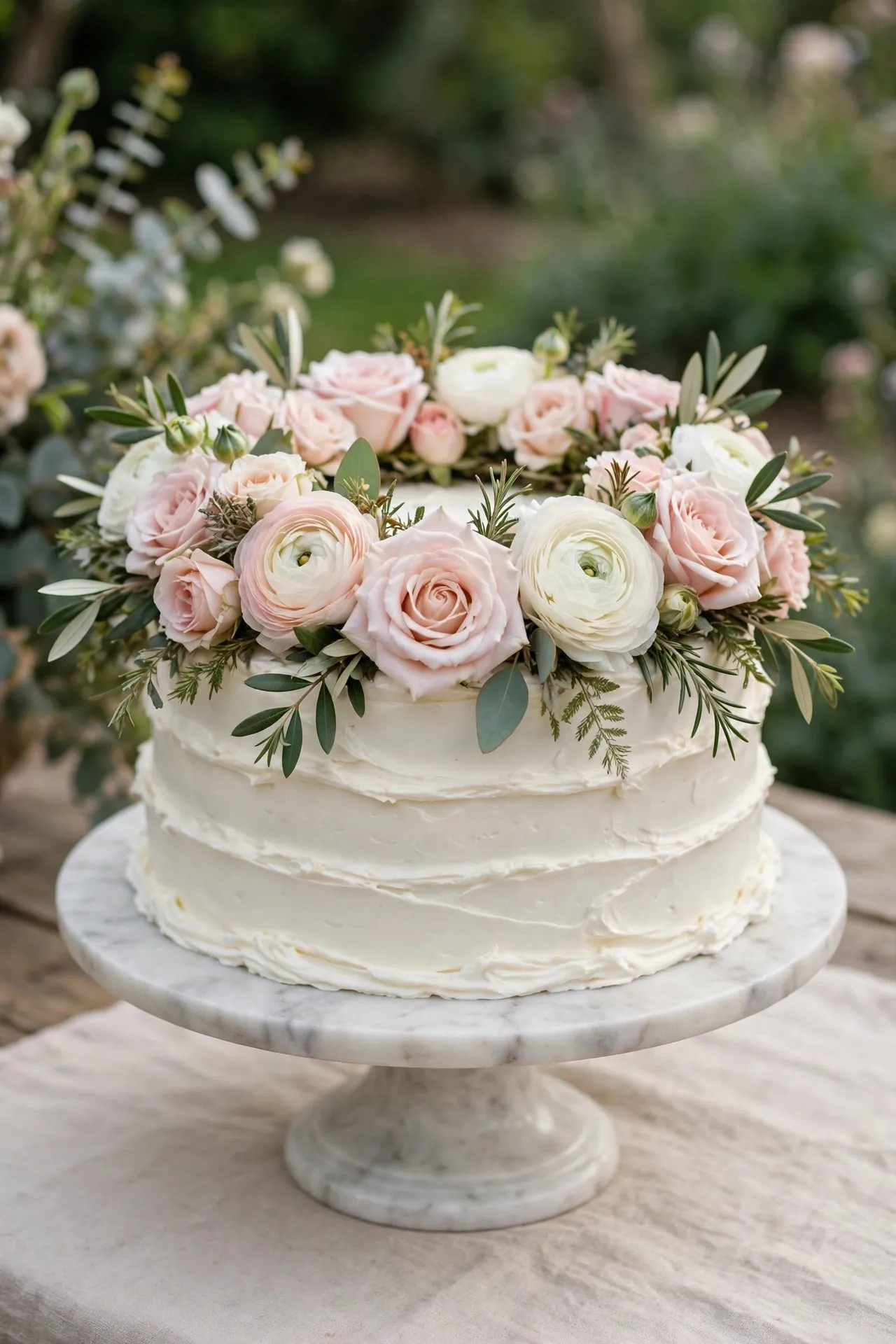 White birthday cake topped with a wreath of fresh flowers