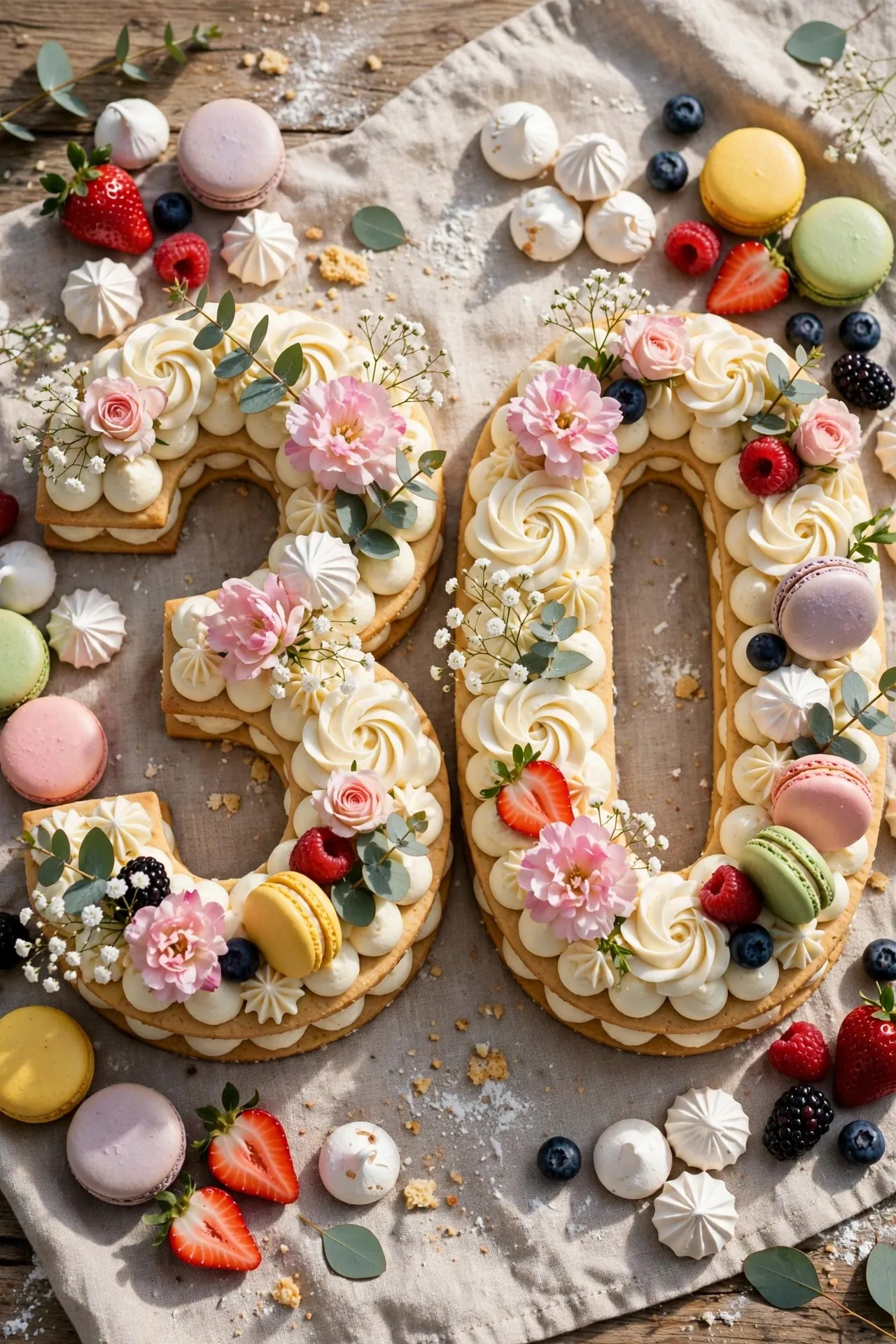 Number shaped birthday cake decorated with flowers and macarons