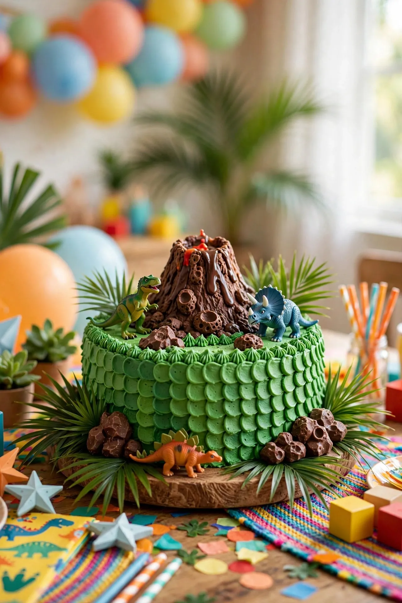 Green dinosaur birthday cake for kids with toy dinosaurs