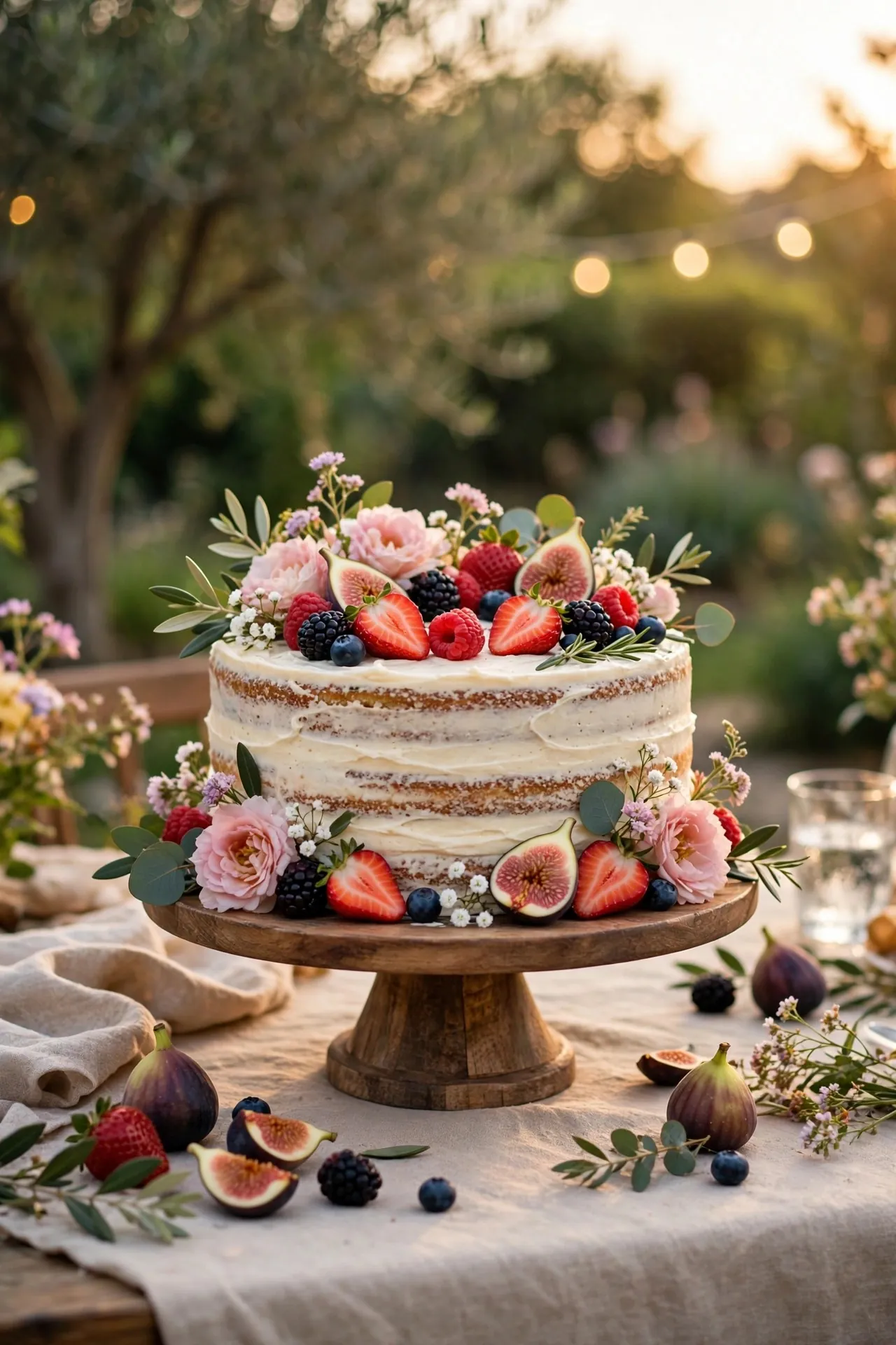 Rustic naked birthday cake with berries and flowers