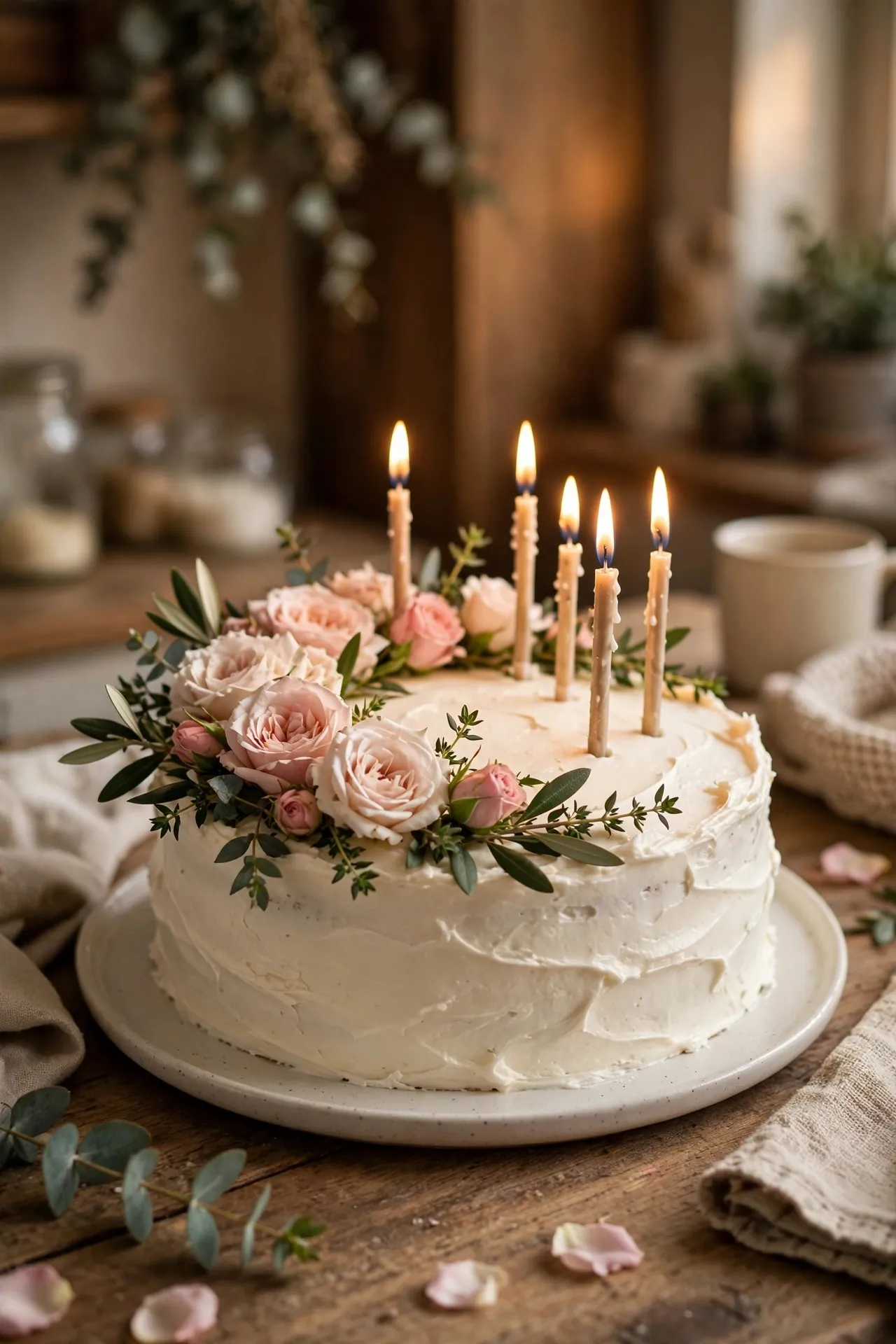 Simple homemade birthday cake decorated with fresh flowers