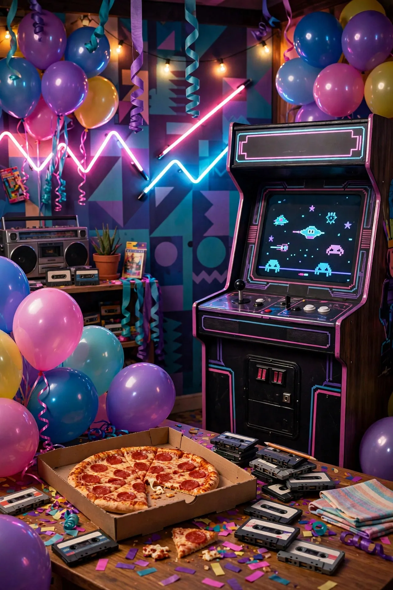 Retro arcade themed birthday with neon lights