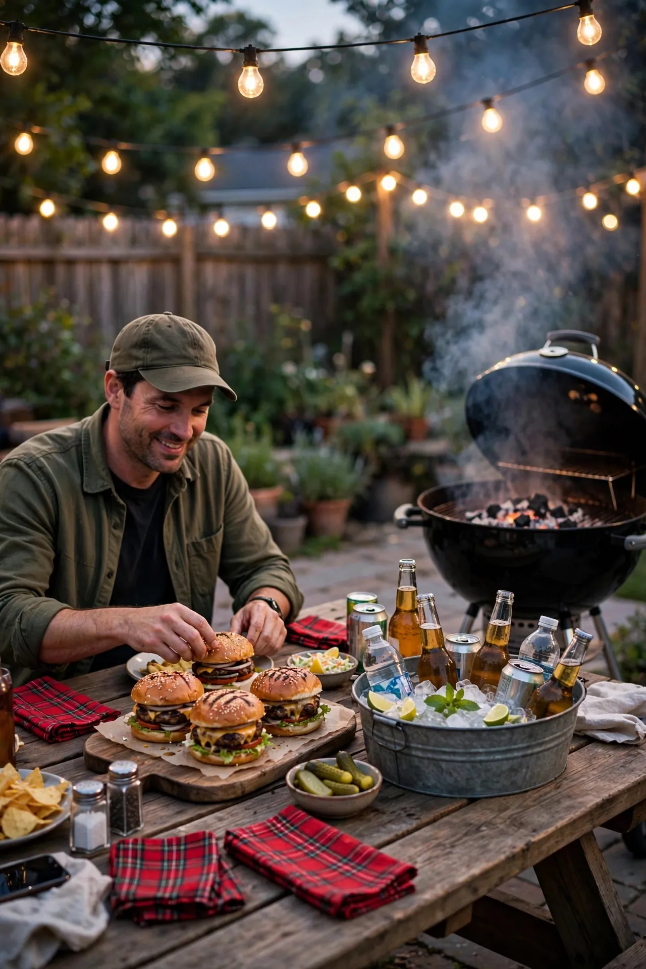 Backyard BBQ birthday party with a grill and picnic tables