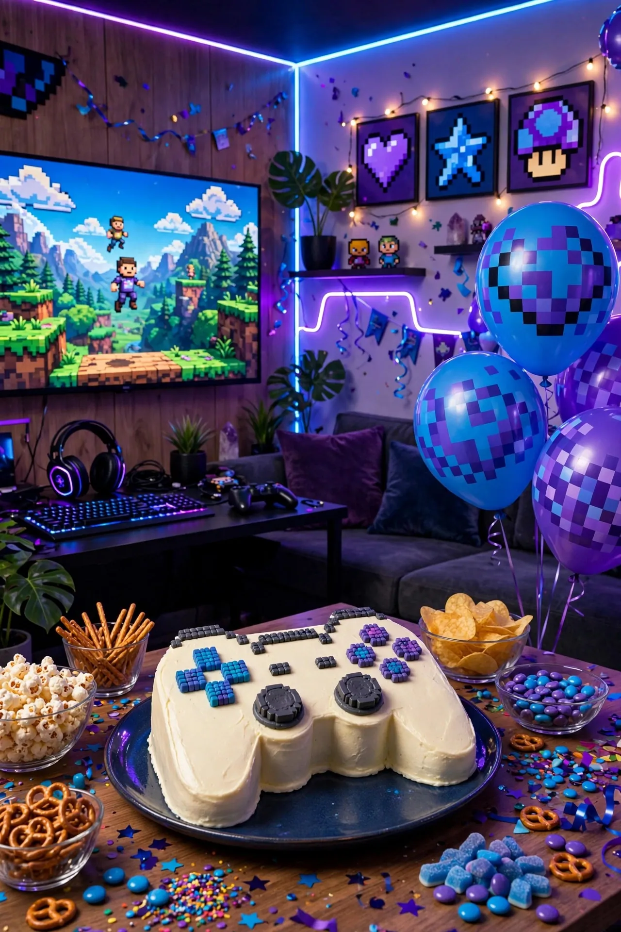 Video game themed birthday party with neon lights