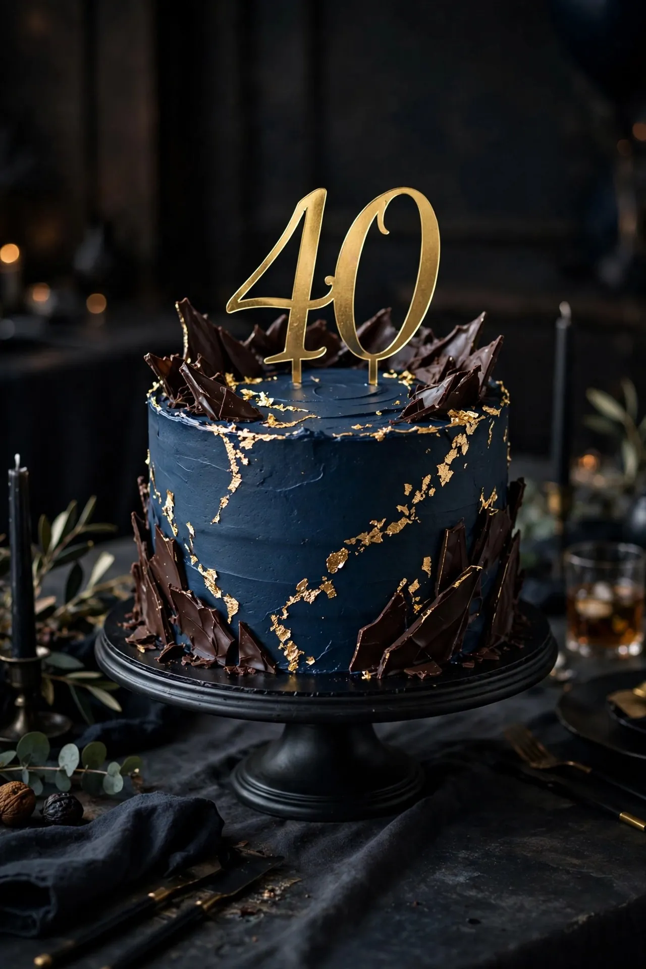 Elegant men's birthday cake in black and navy with gold