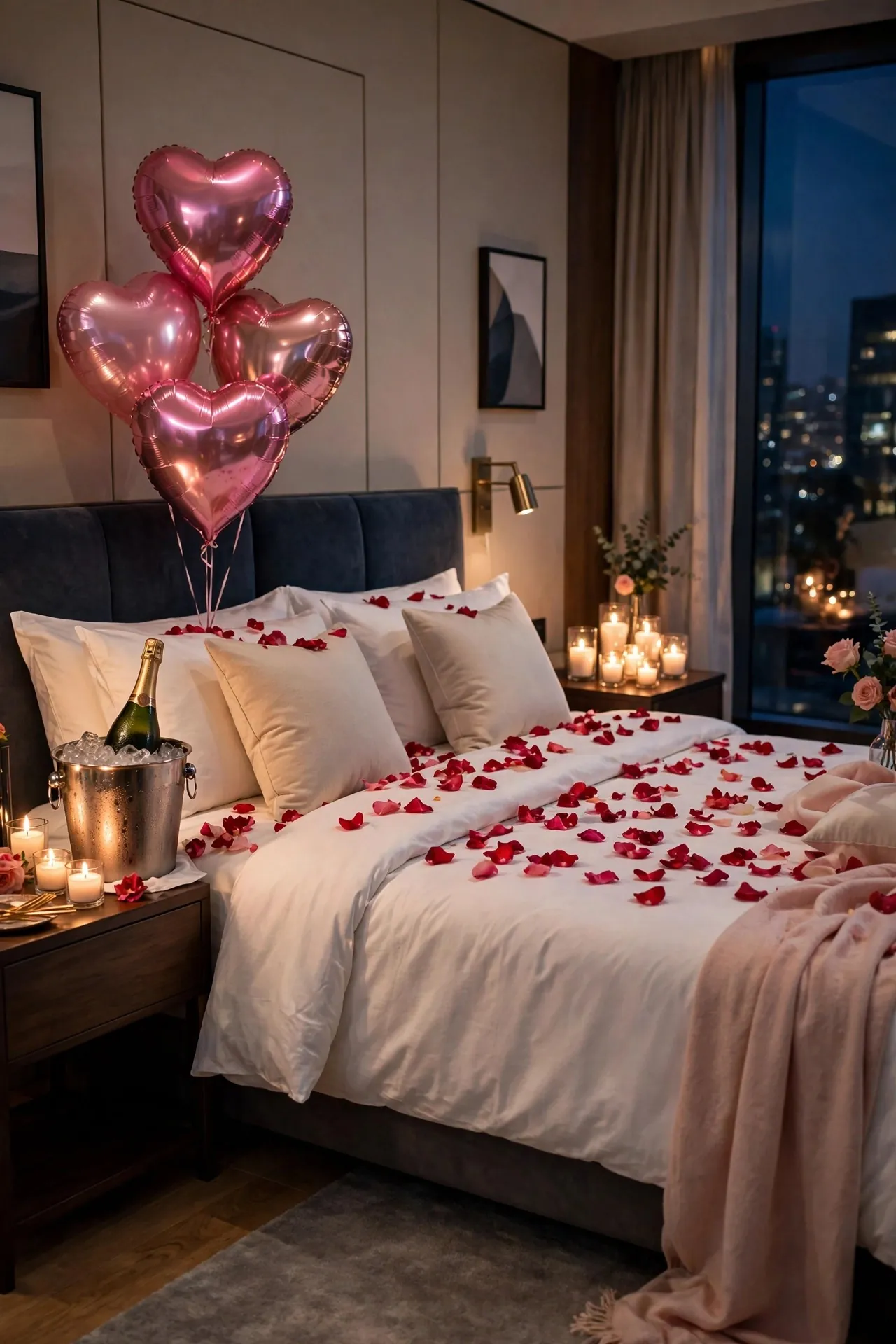 Hotel room decorated with rose petals and balloons for a birthday