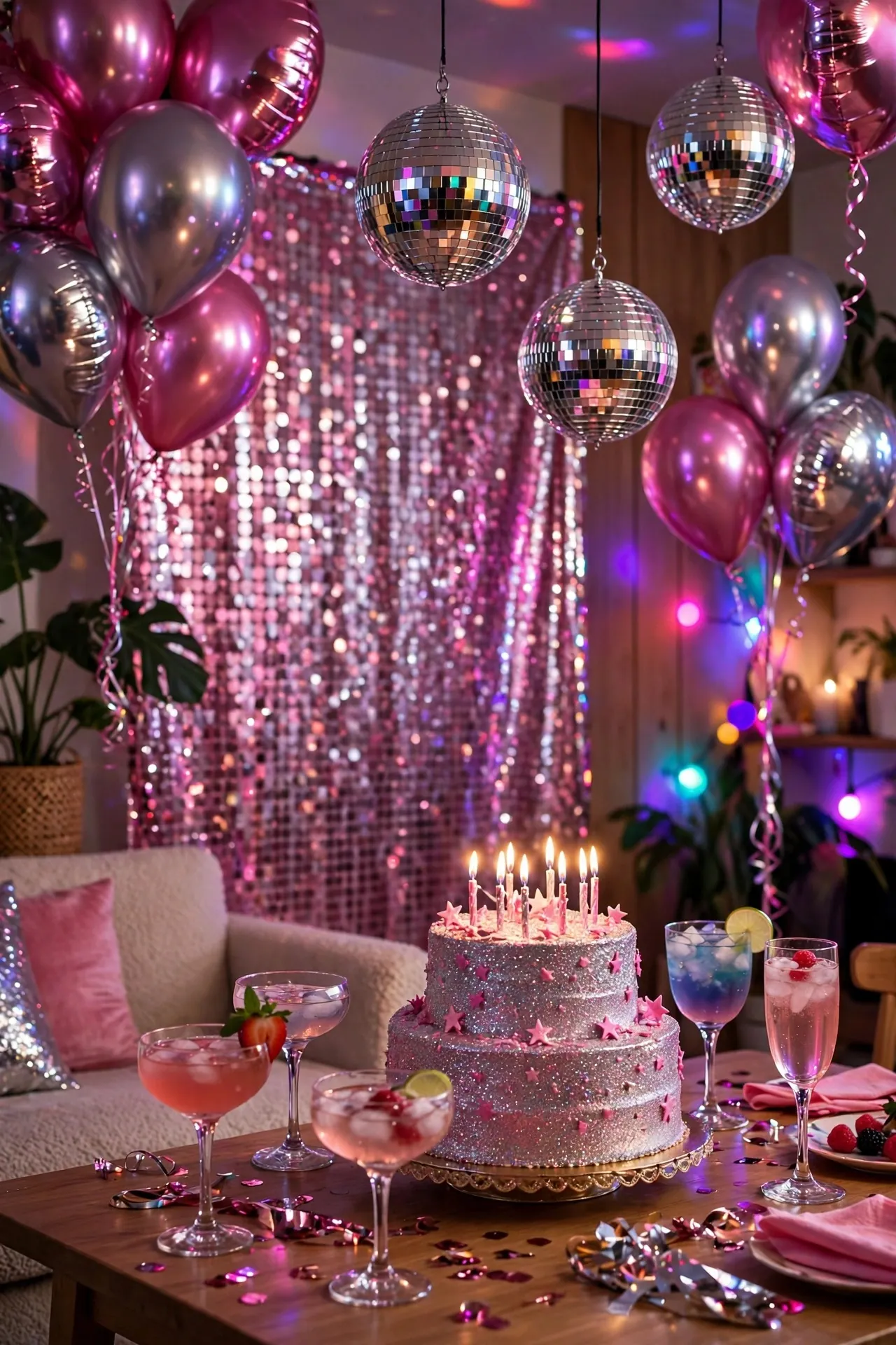Disco themed birthday party with mirror balls and pink balloons