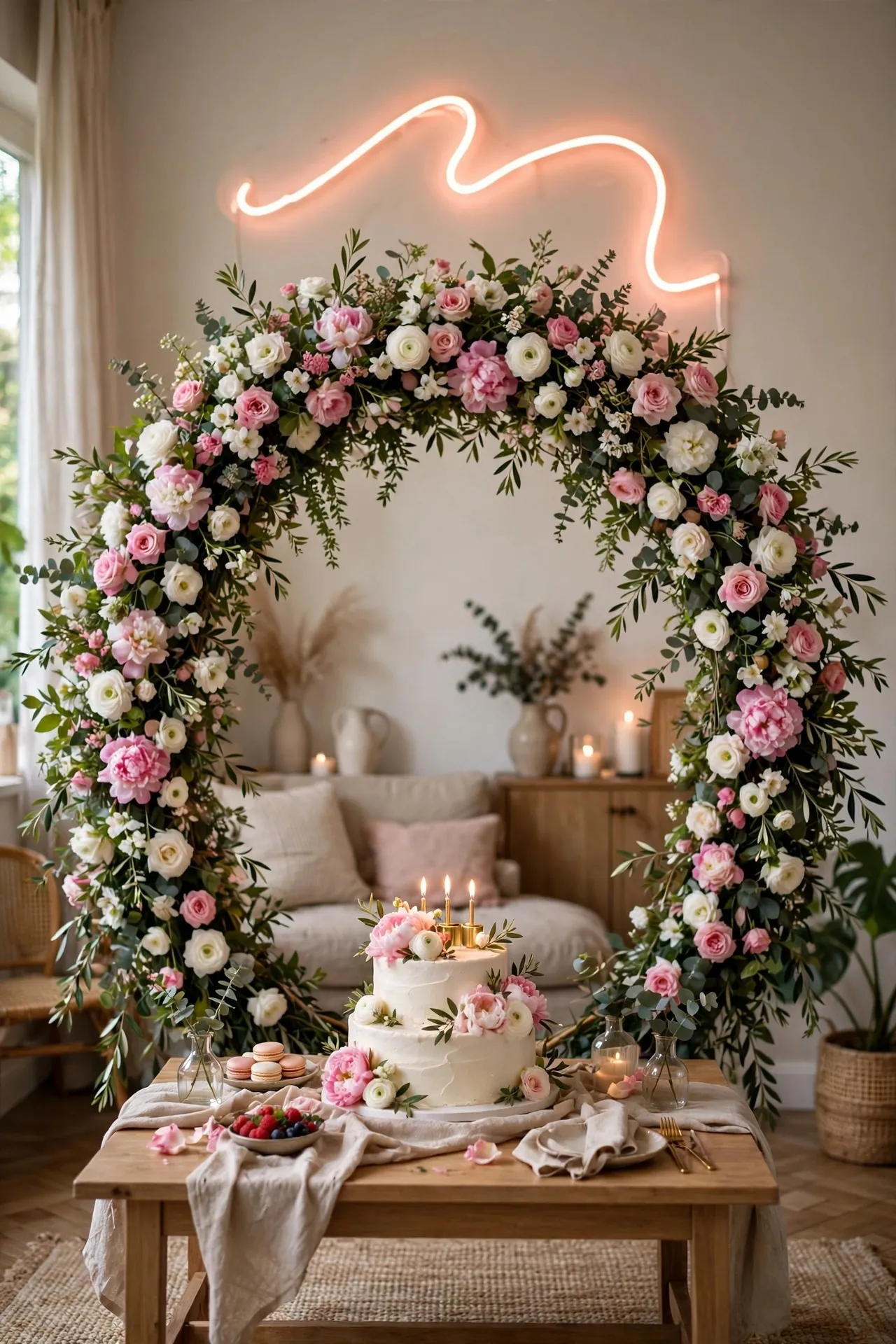 Birthday party with a fresh floral arch backdrop