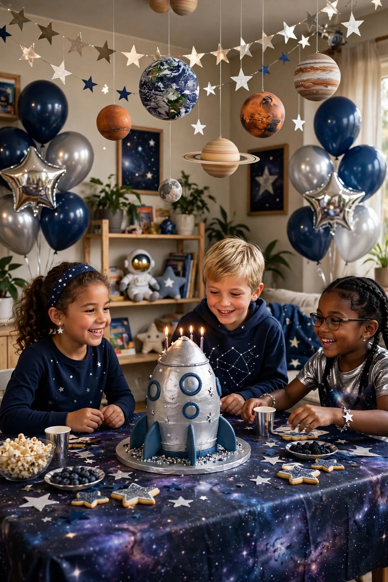 Outer space themed kids birthday party with planets and stars