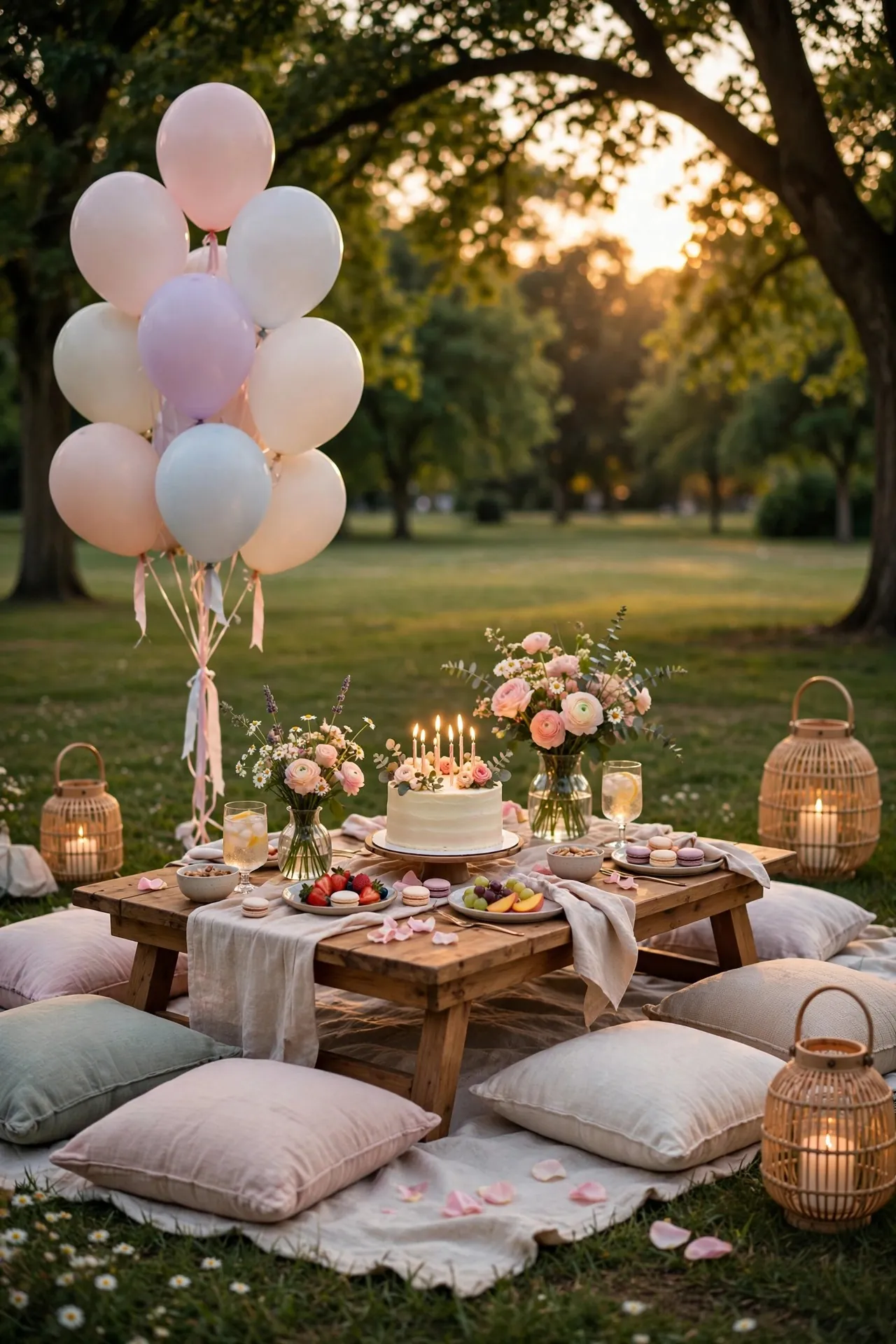 Outdoor picnic birthday party with low table and cushions