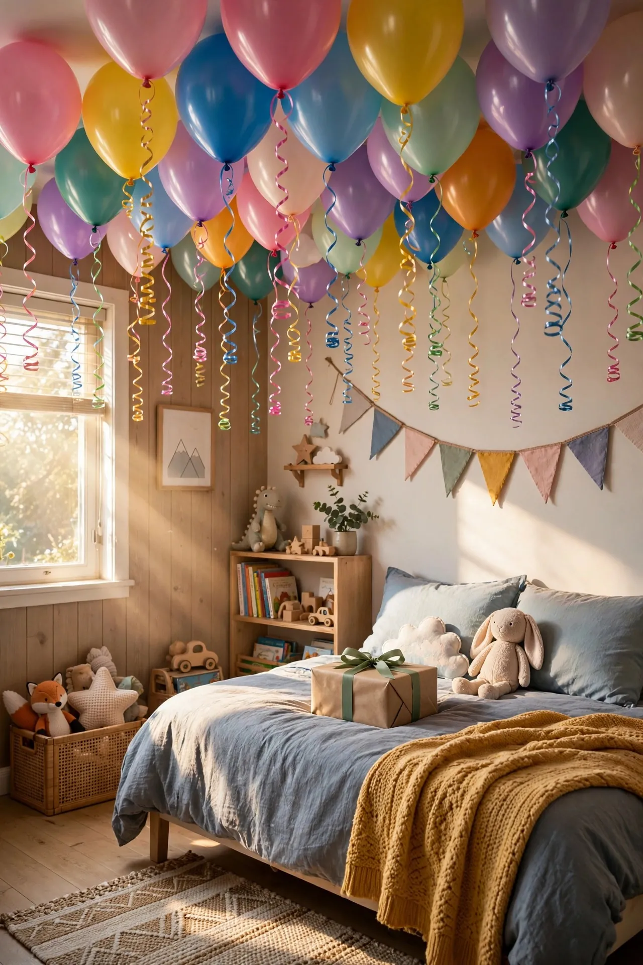 Bedroom filled with balloons for a birthday surprise