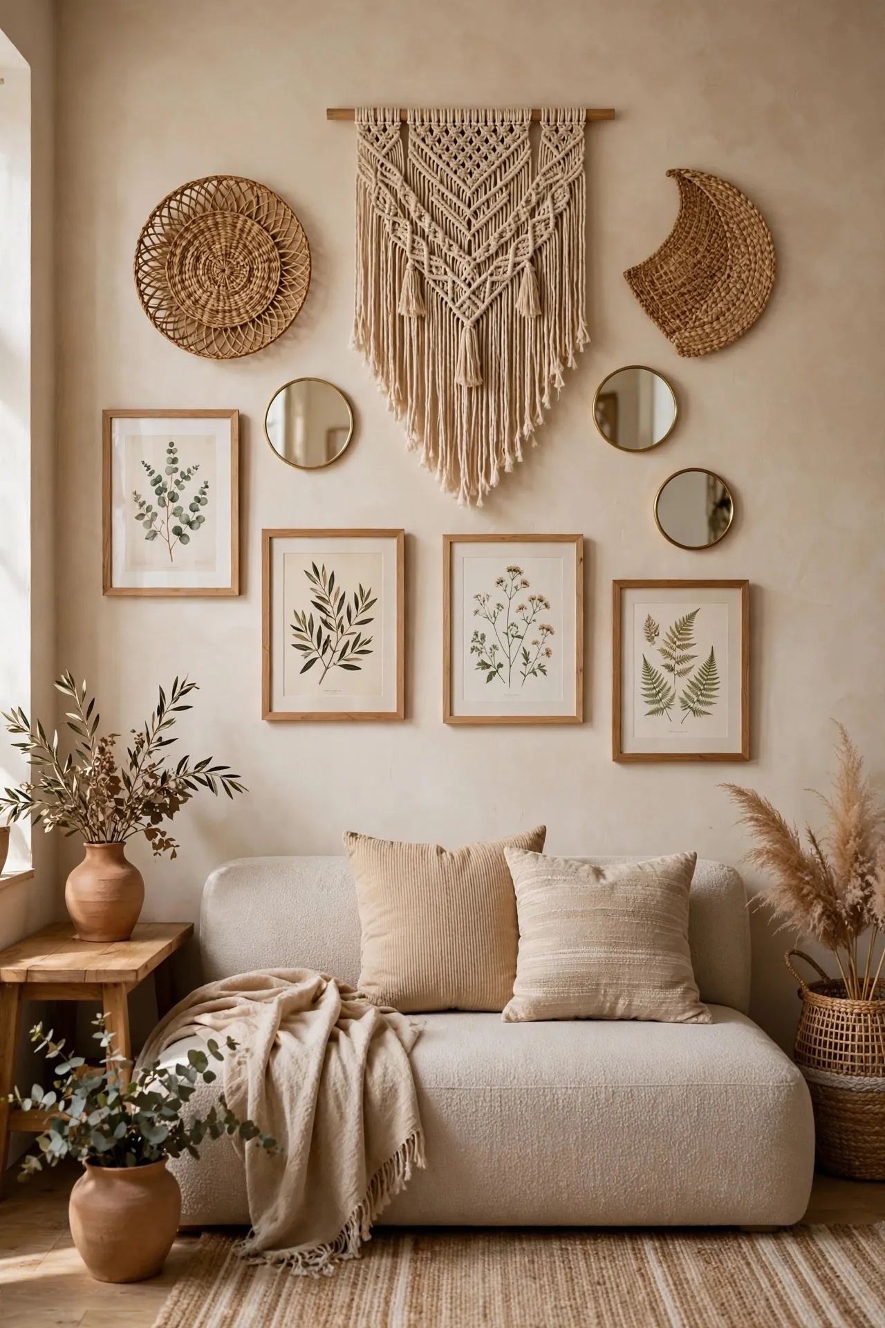 Boho gallery wall with woven art, mirrors and prints