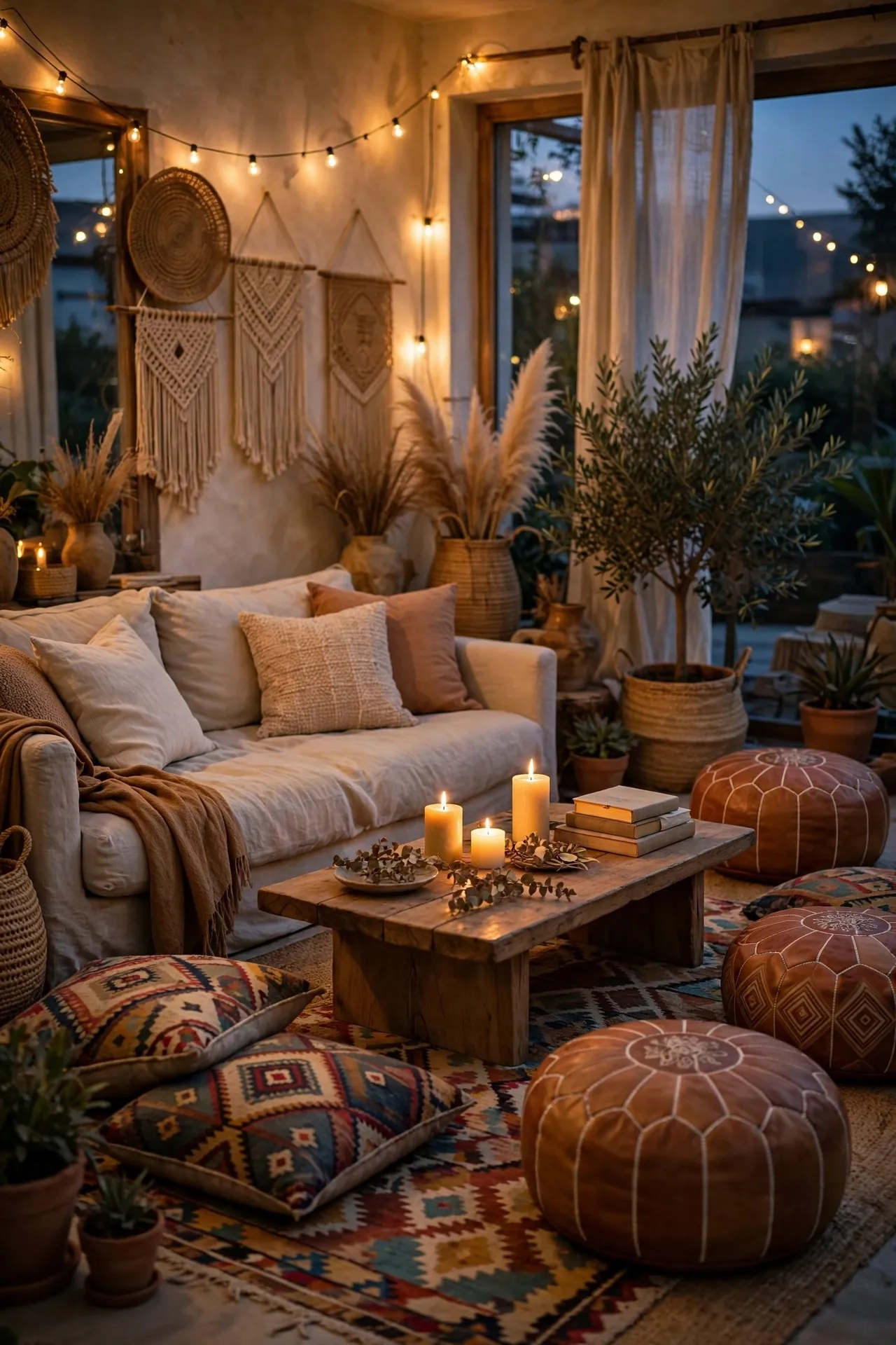 Boho living room with low floor seating and Moroccan poufs