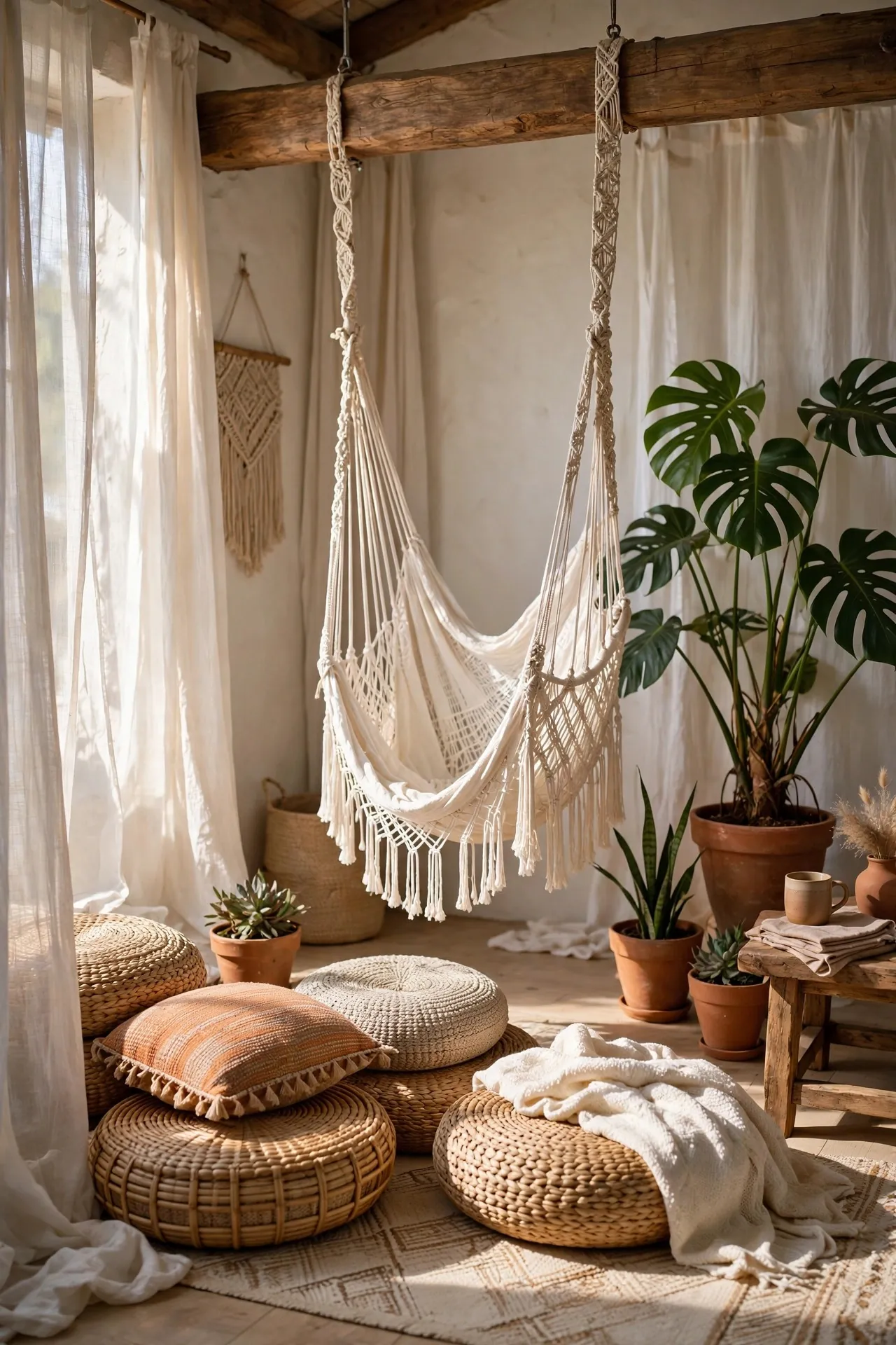 Boho living room with a hanging hammock chair