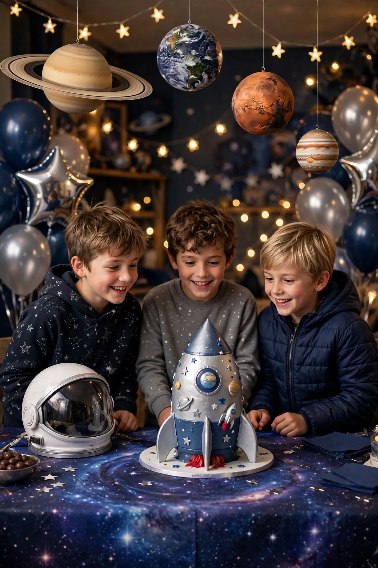 Outer space boys birthday party with planets and rockets