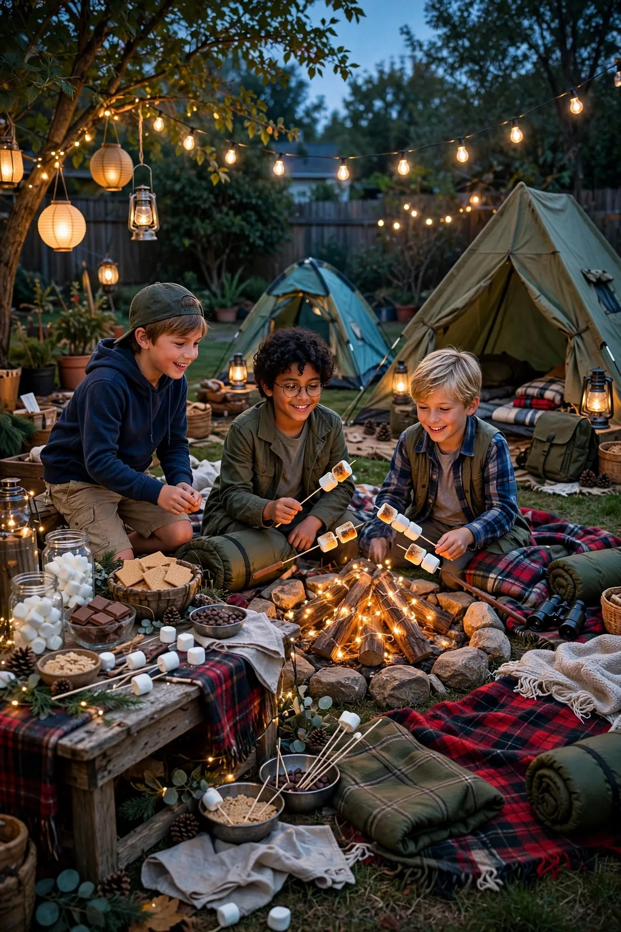 Camping themed boys birthday with tents and campfire
