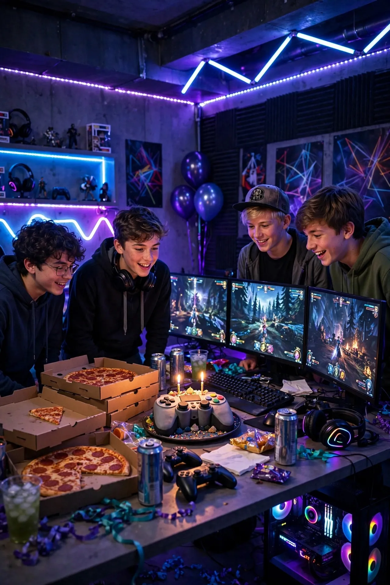 Teen gaming birthday party with neon lights and screens