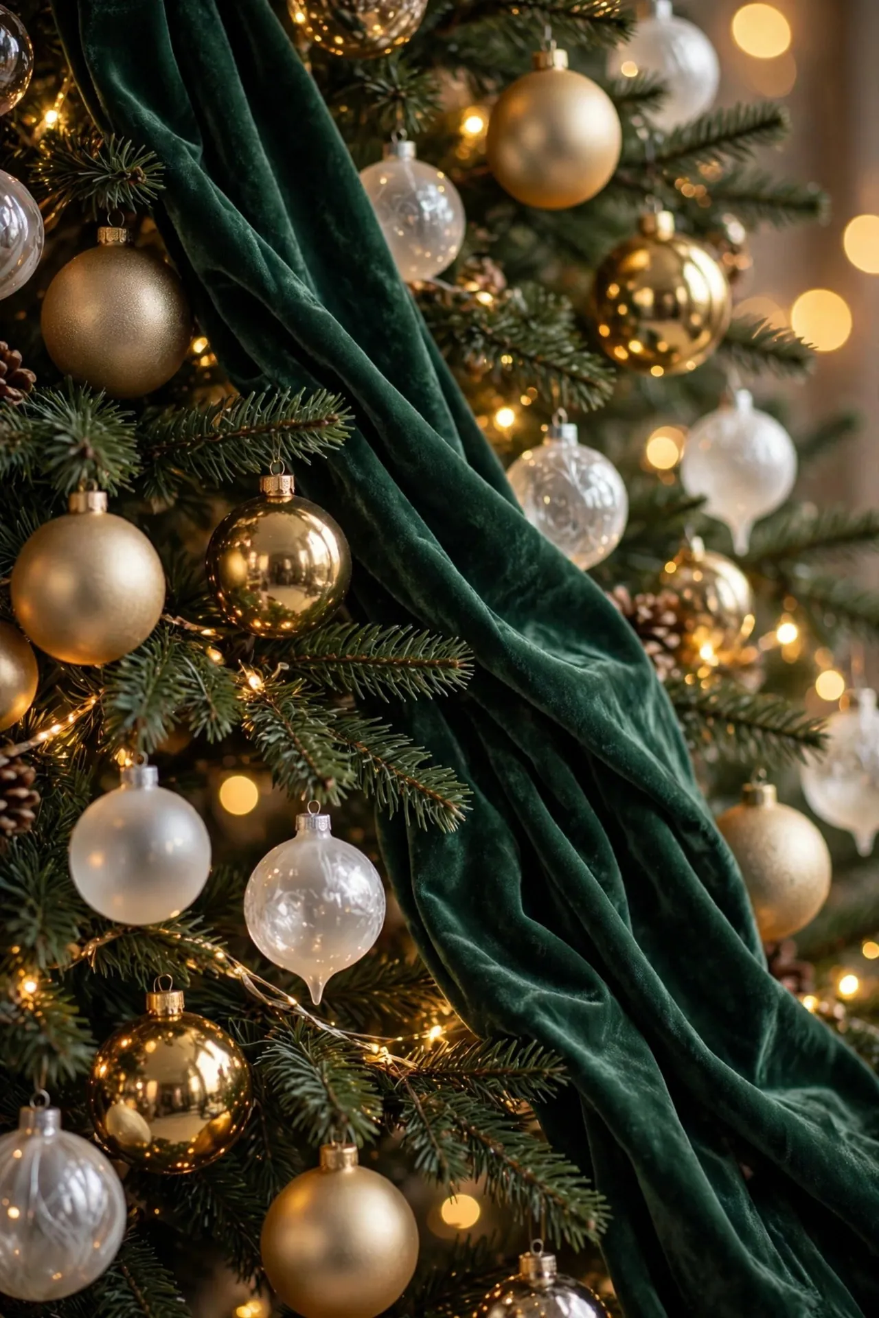 Christmas tree with gold and white glass ornaments and ribbon