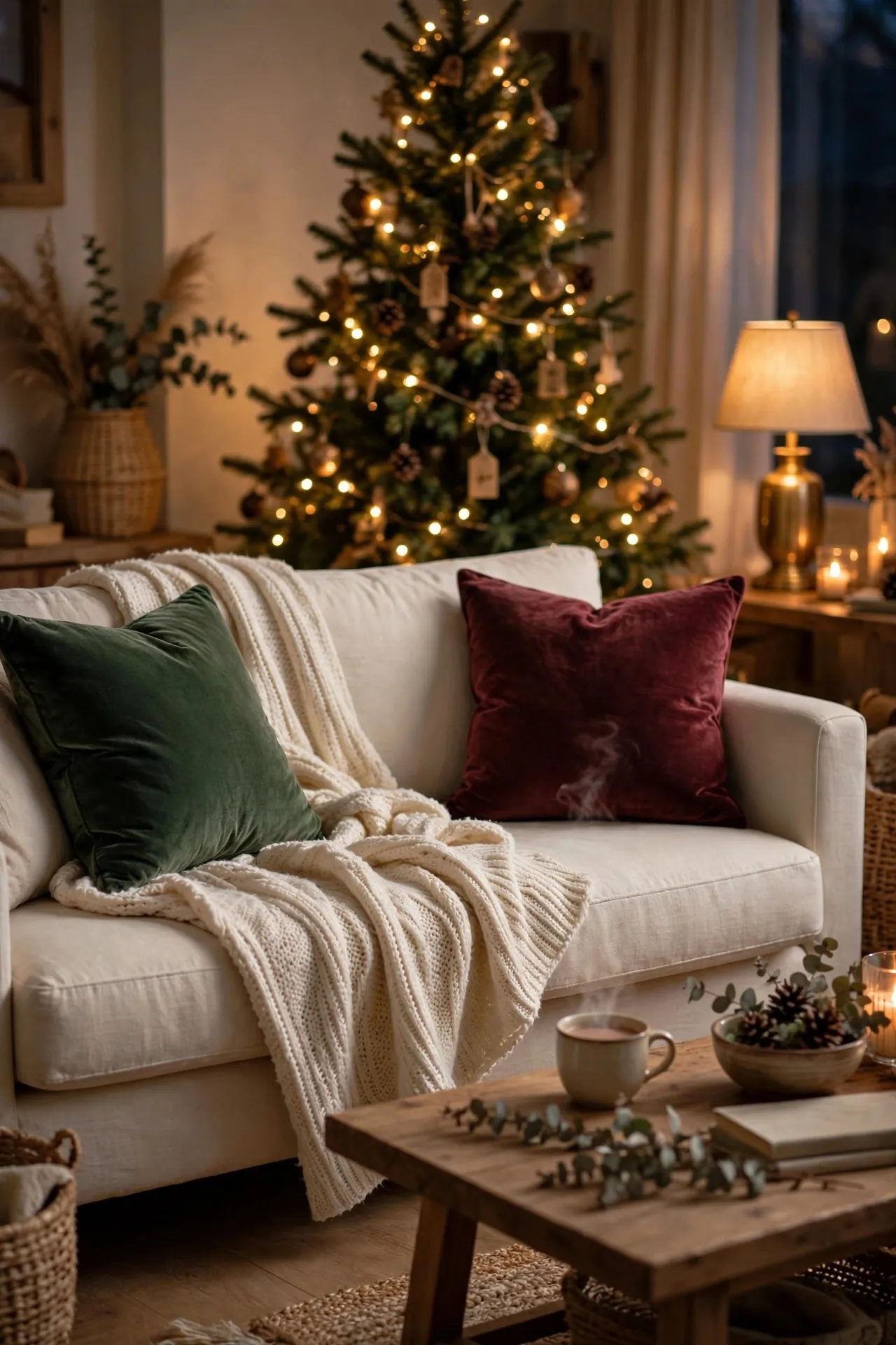 Sofa with velvet Christmas pillow covers and knit throw