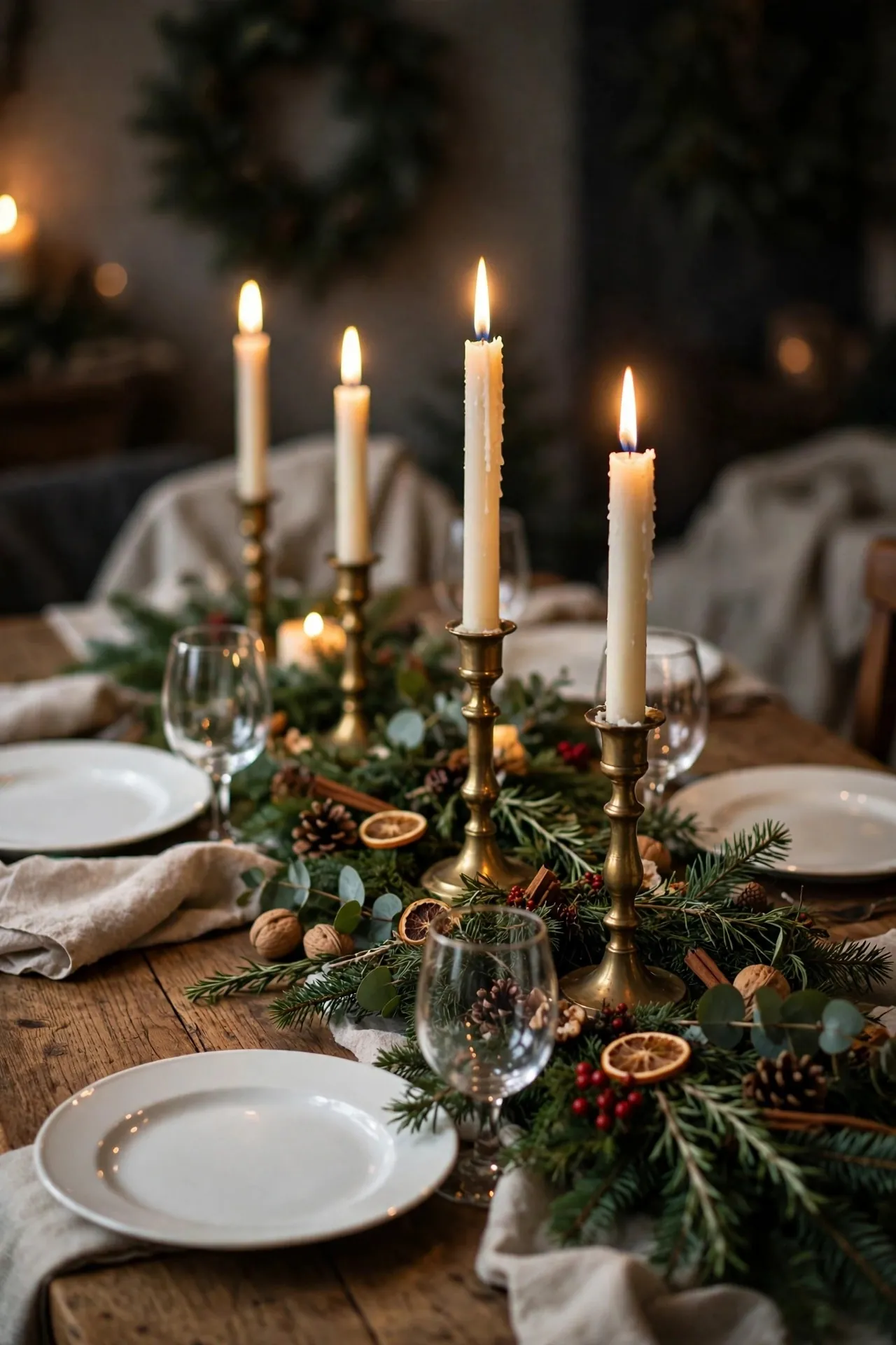 Christmas dinner table with brass candlesticks and greenery