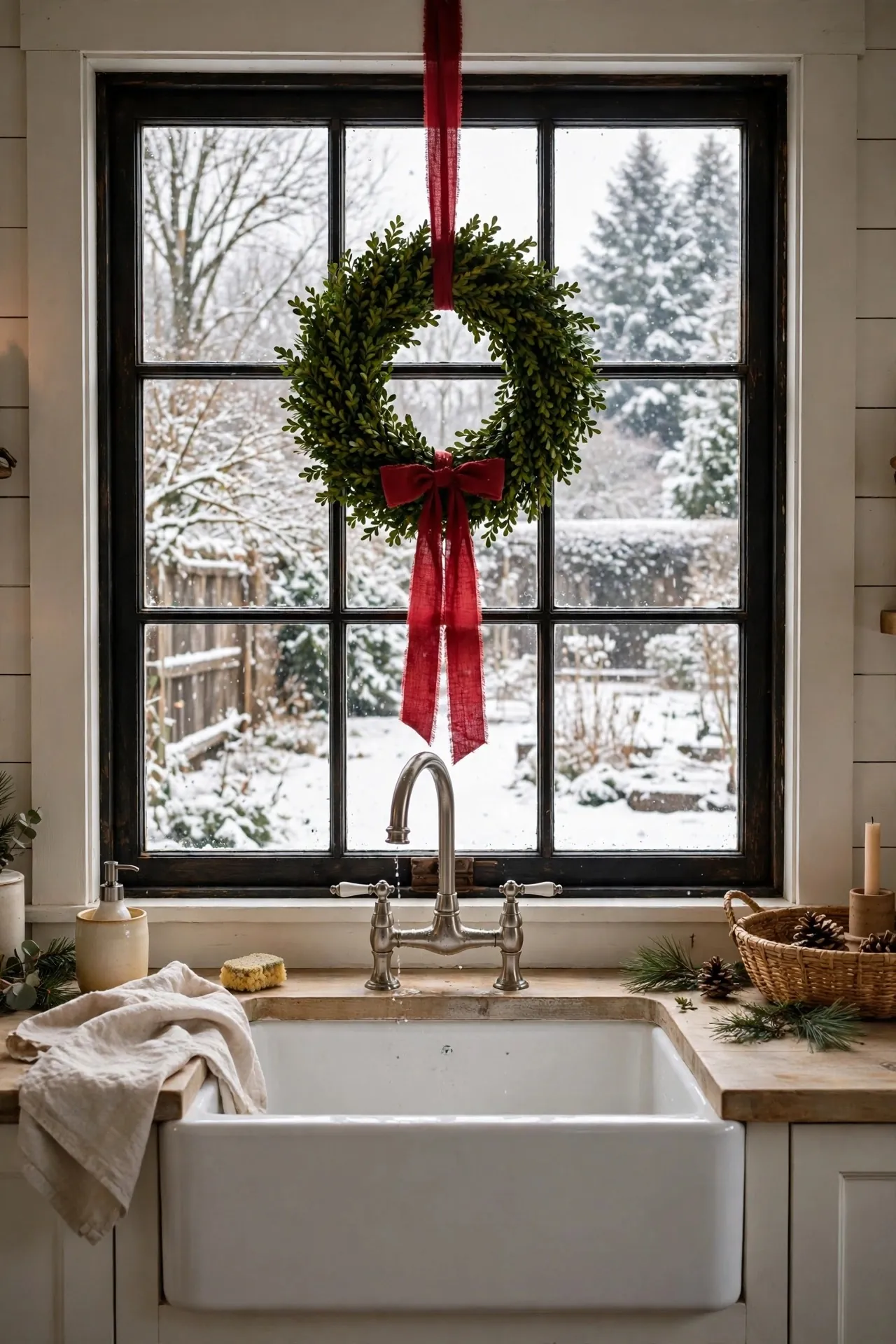Kitchen window with a hanging wreath and snowy view