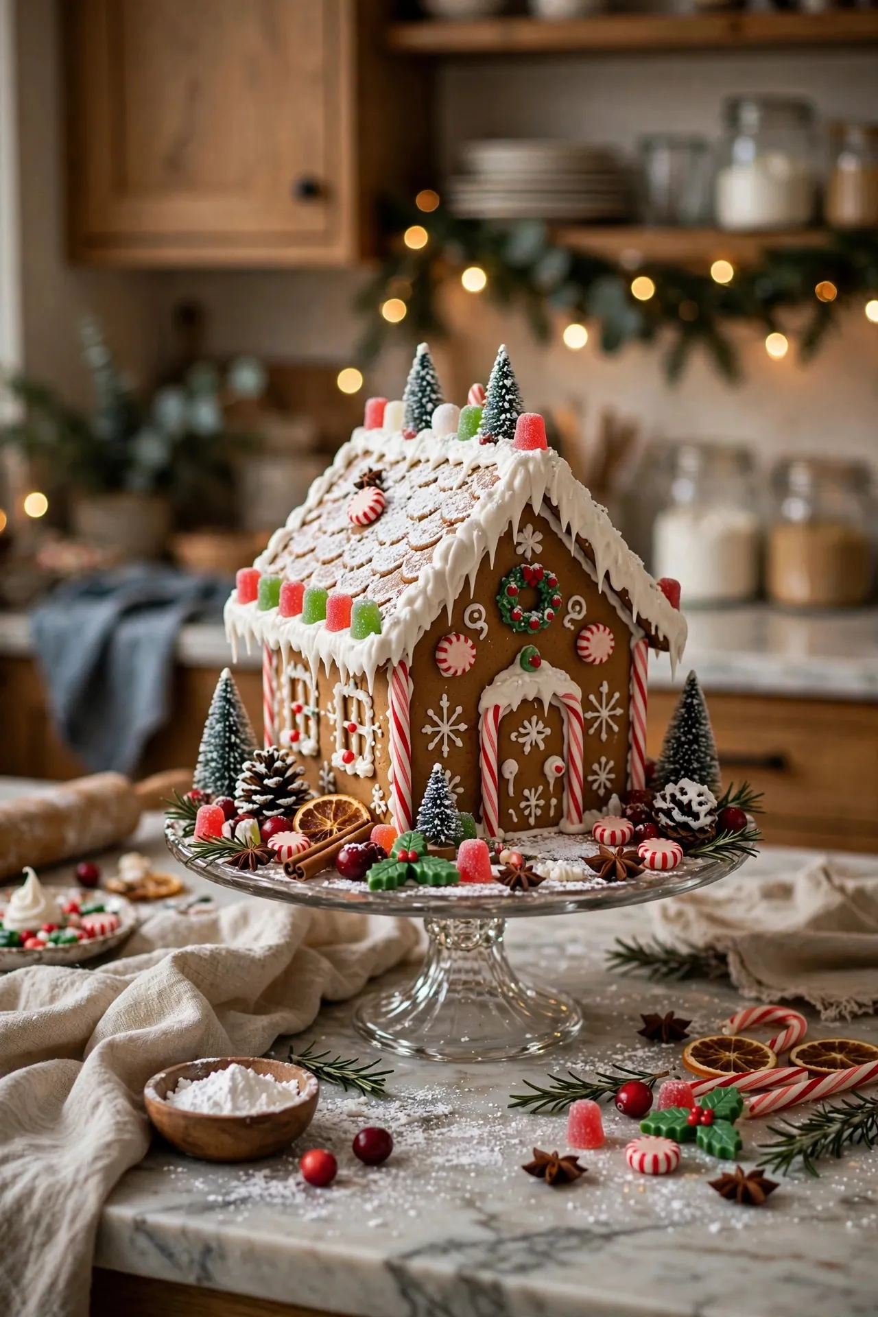 Gingerbread house displayed on a kitchen island