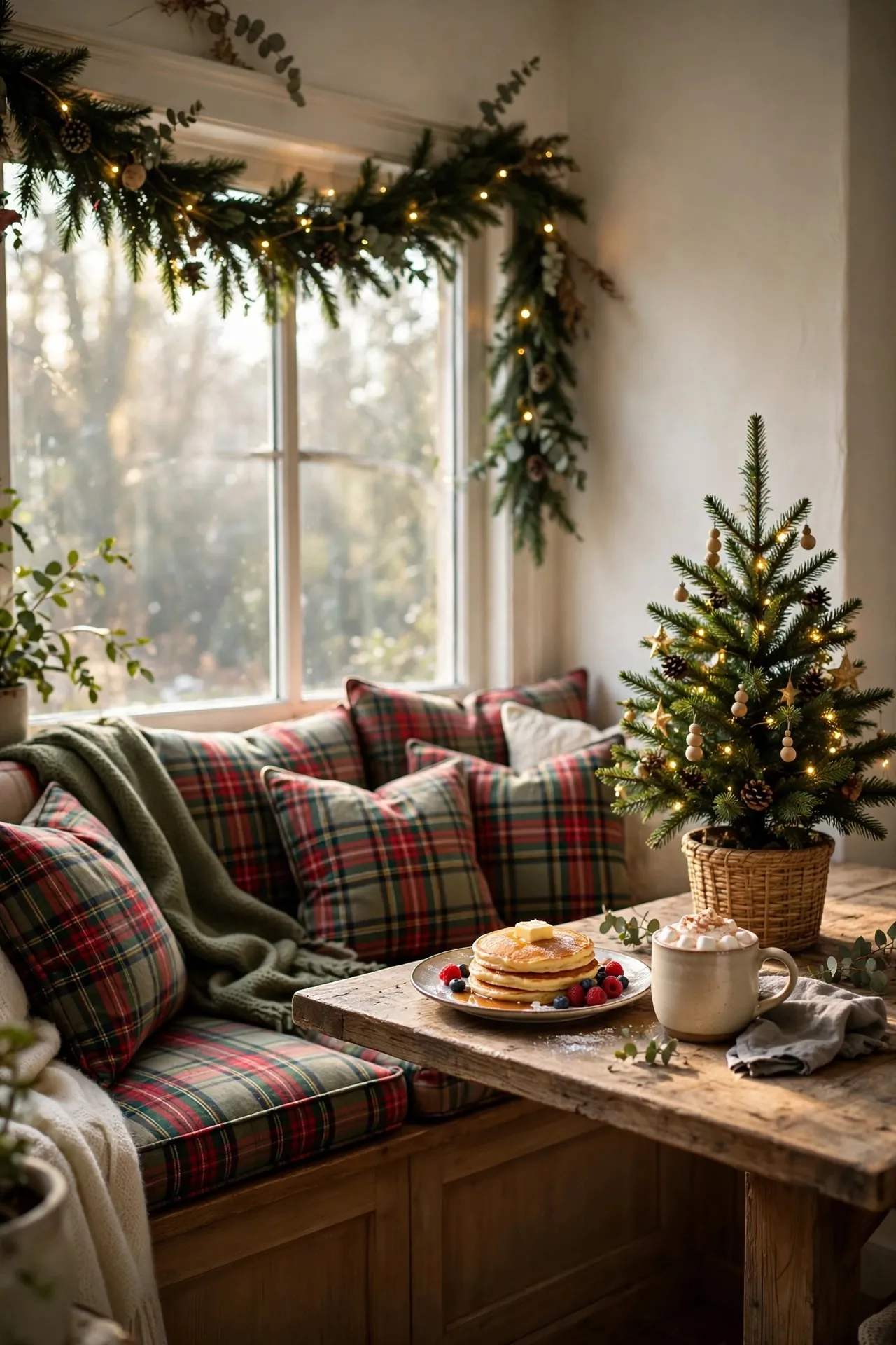 Christmas breakfast nook with festive table setting
