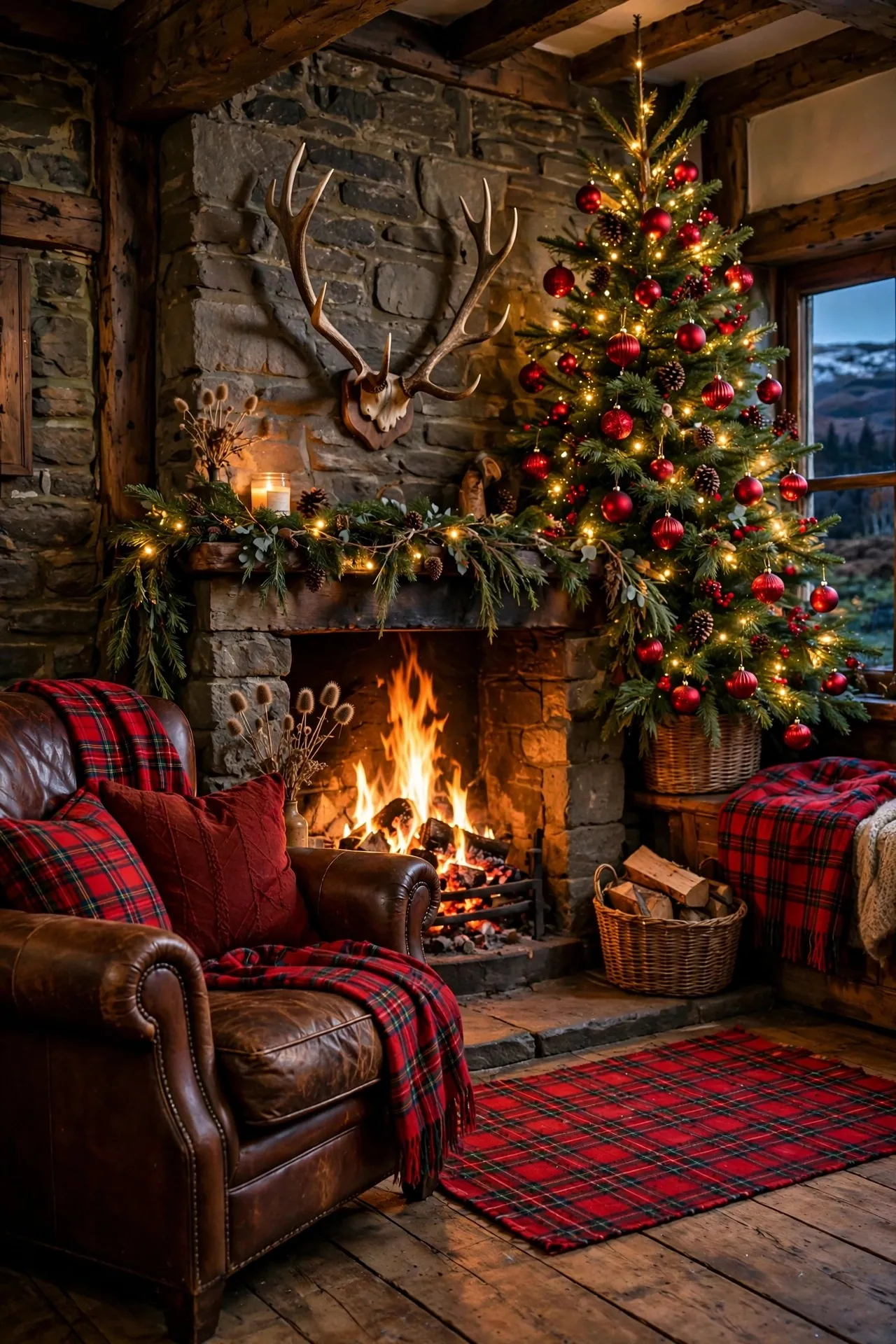 Traditional tartan Christmas living room with red accents