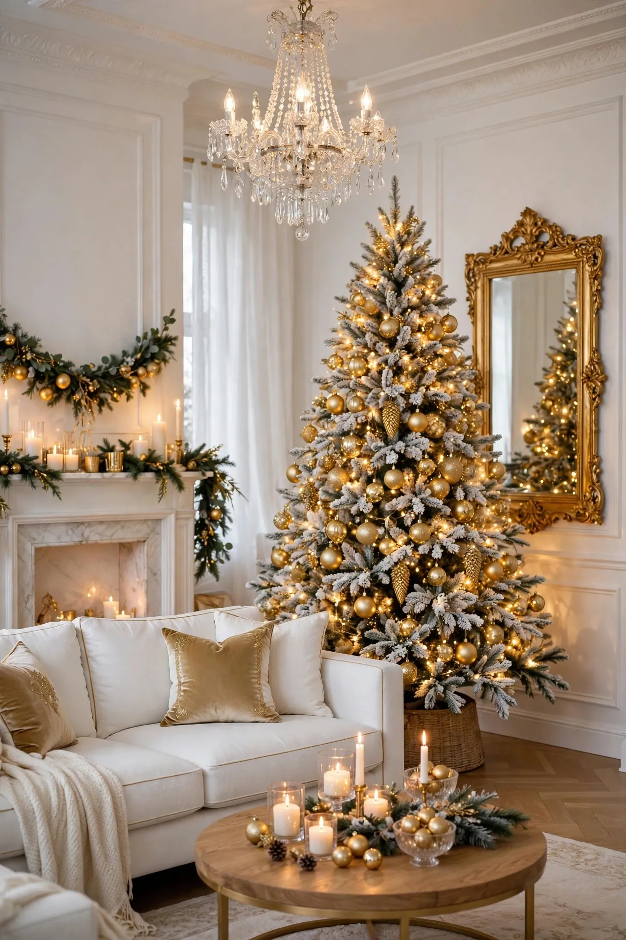 Elegant white and gold Christmas living room
