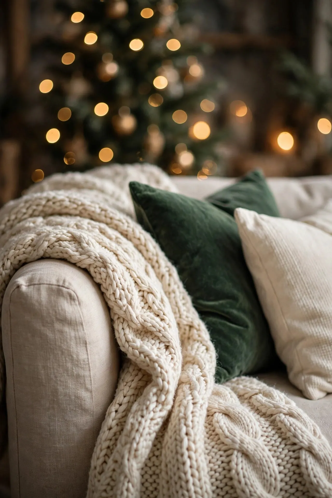 Chunky knit throw blanket on a neutral sofa with Christmas pillows