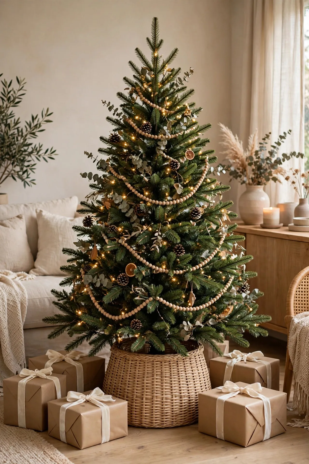 Christmas tree in a woven tree collar with wrapped presents