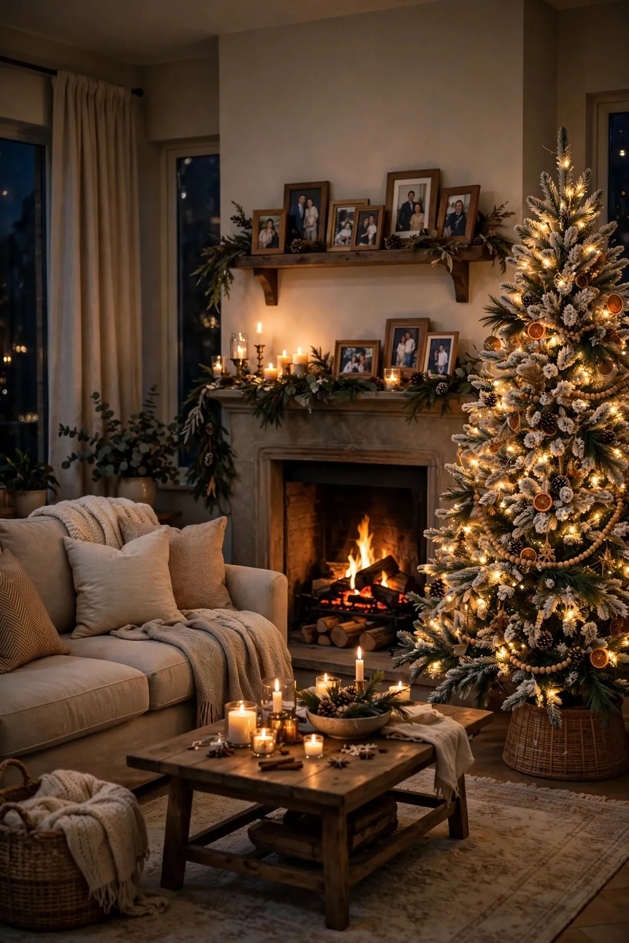 Cozy evening Christmas living room glowing with tree lights