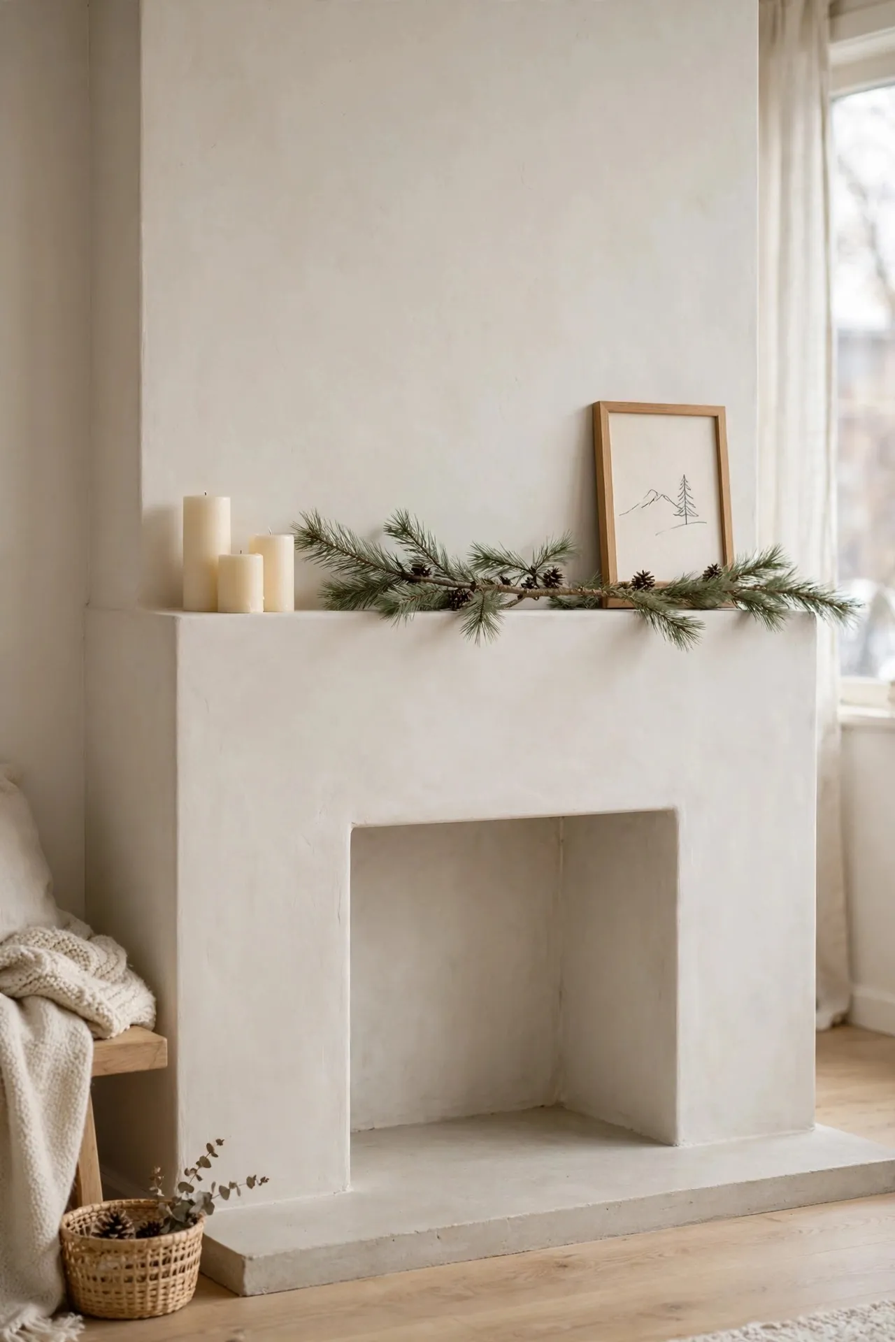 Minimalist Christmas mantel with a single pine branch and candles