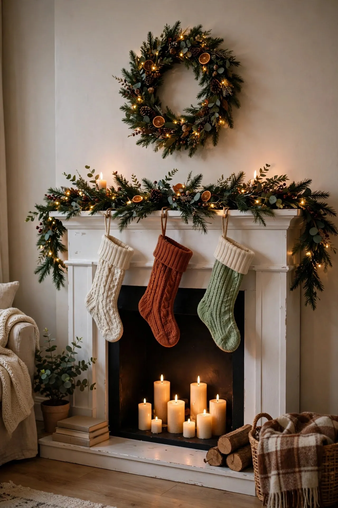 Faux fireplace mantel decorated for Christmas in an apartment