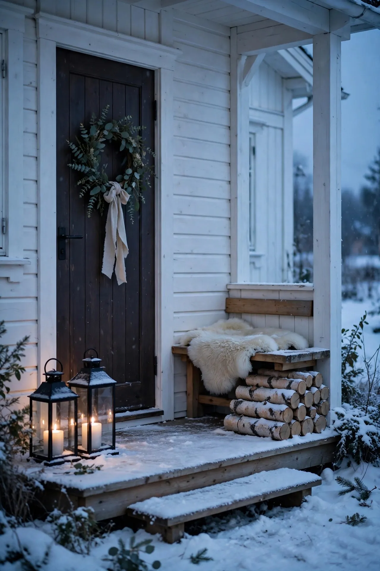 Scandinavian Christmas porch with white door, lanterns and birch