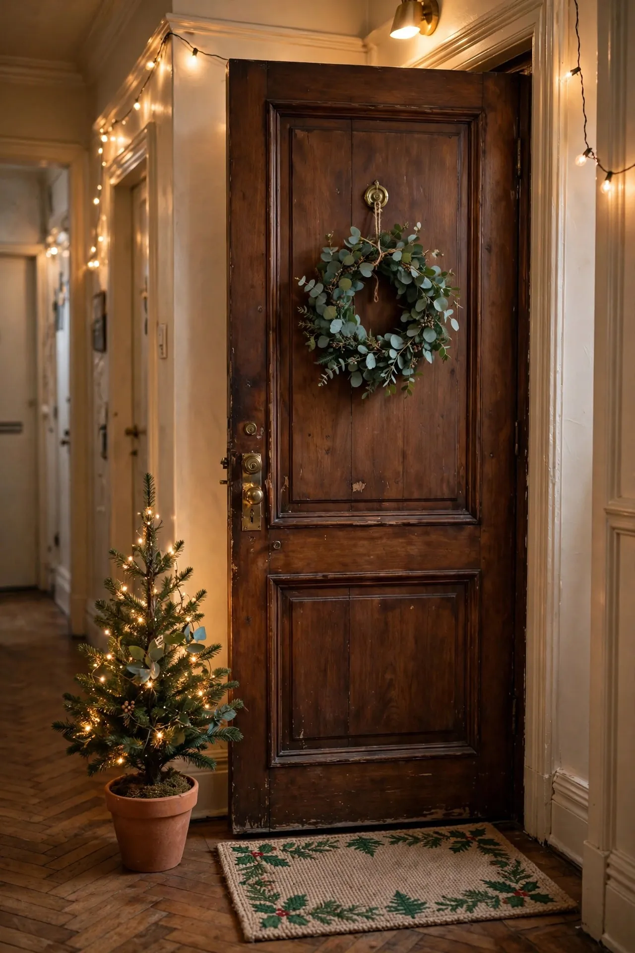 Apartment front door with a small wreath and mini tree