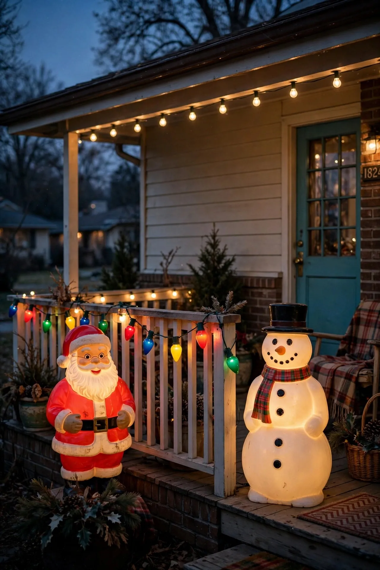 Porch with vintage Christmas blow mold decorations