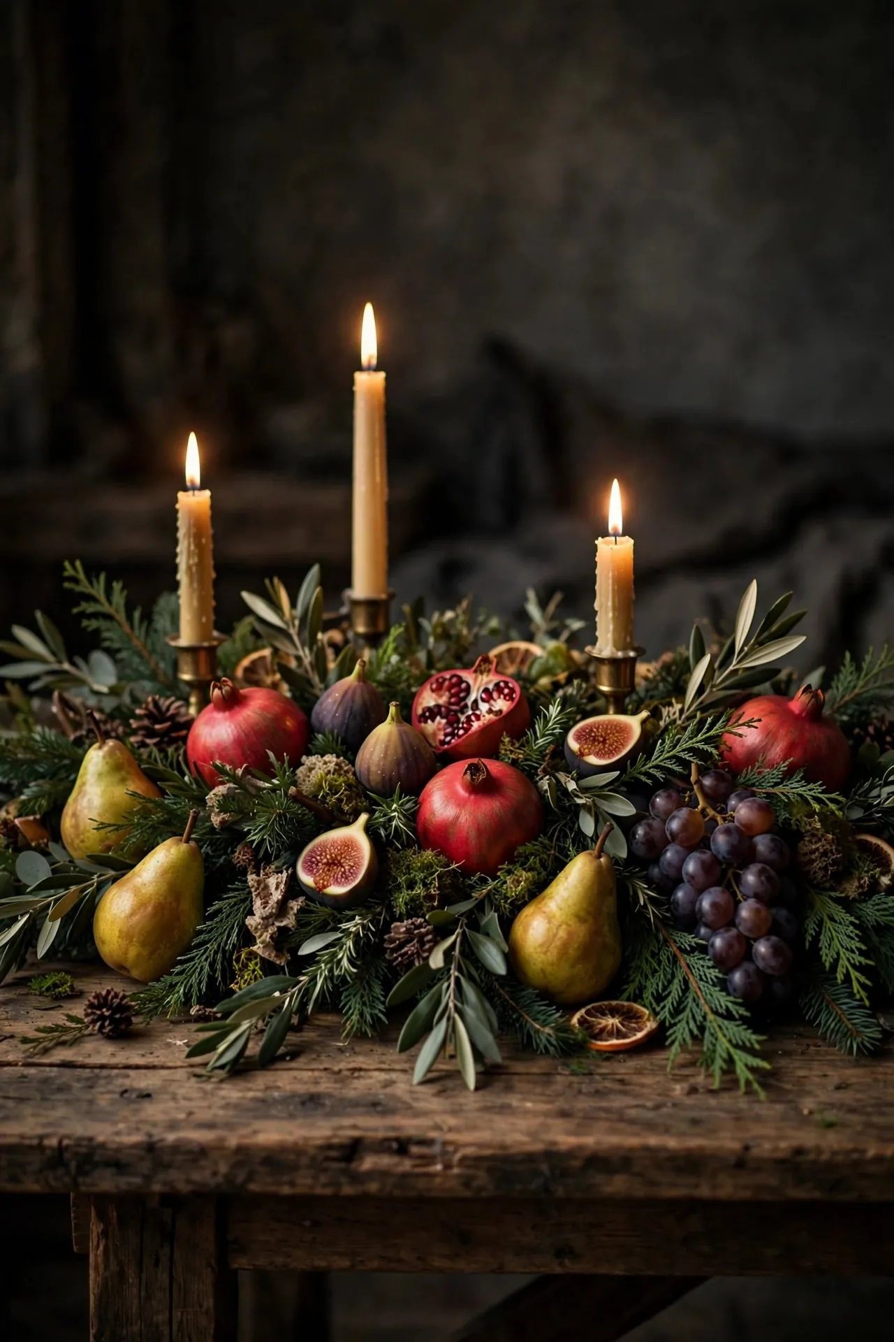 Christmas table centerpiece with pomegranates, pears and greenery