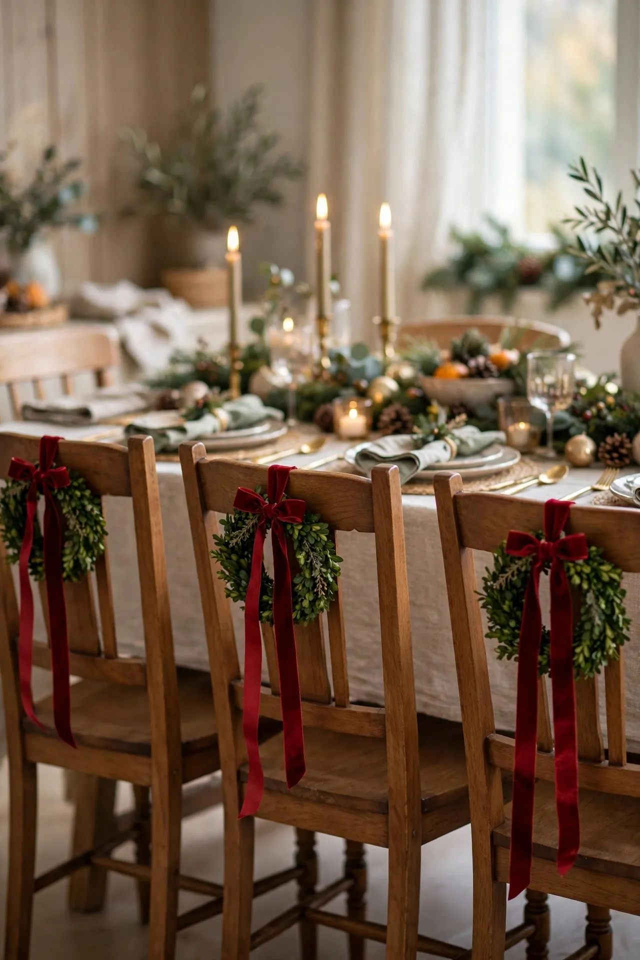 Dining chairs decorated with mini wreaths and velvet ribbon