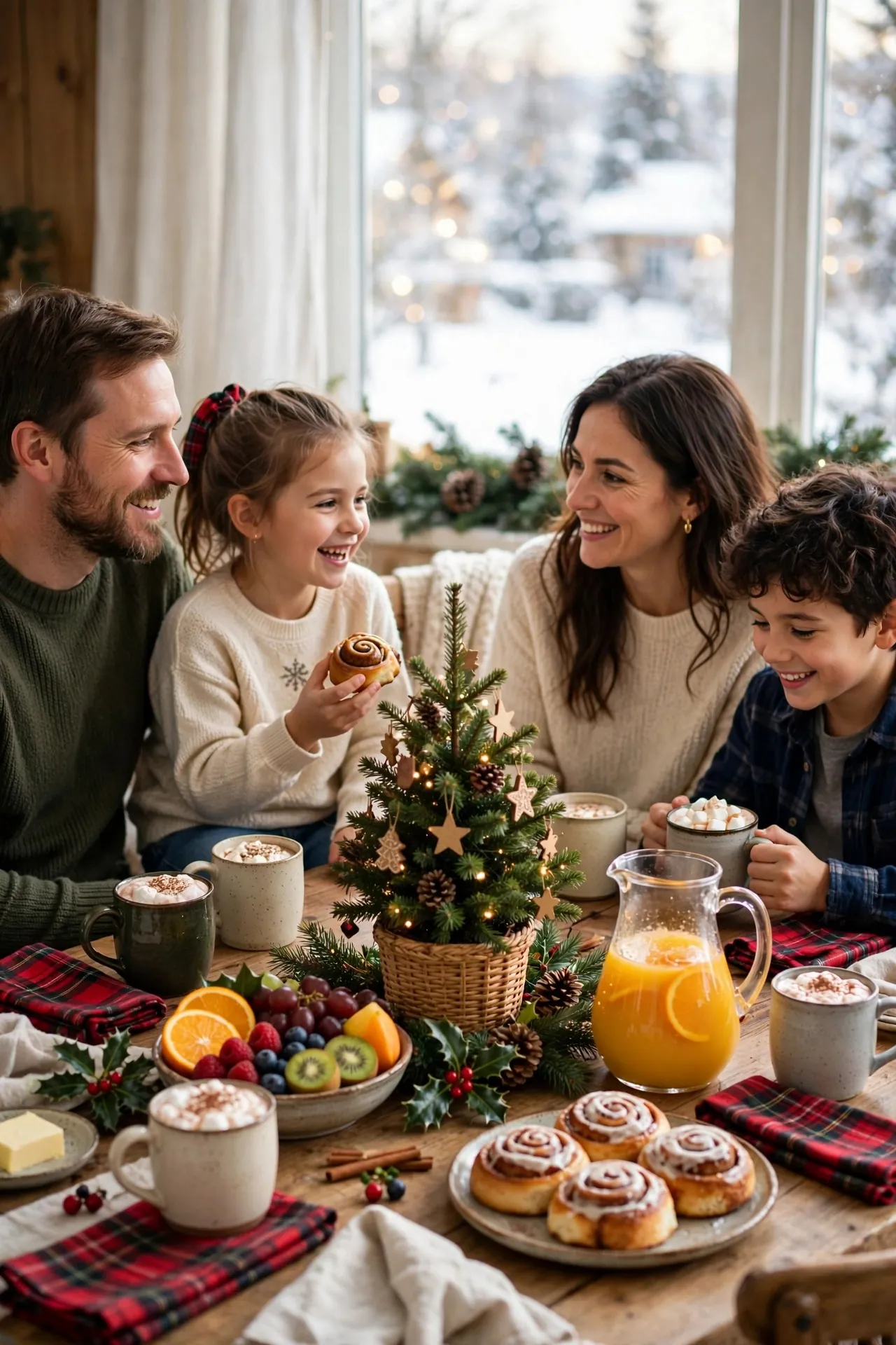 Christmas morning brunch table with pastries and orange juice