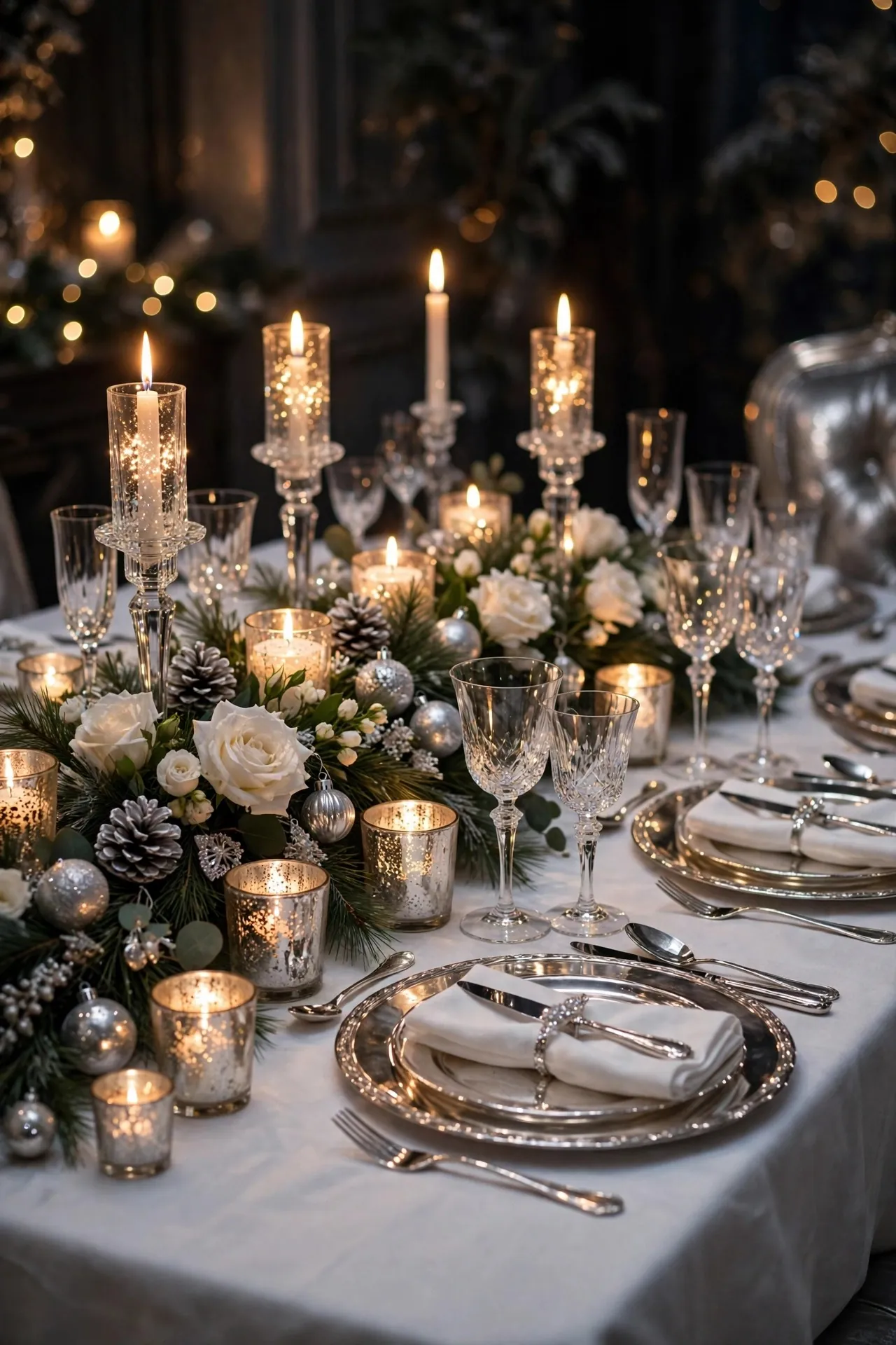 Silver and crystal Christmas table with white roses