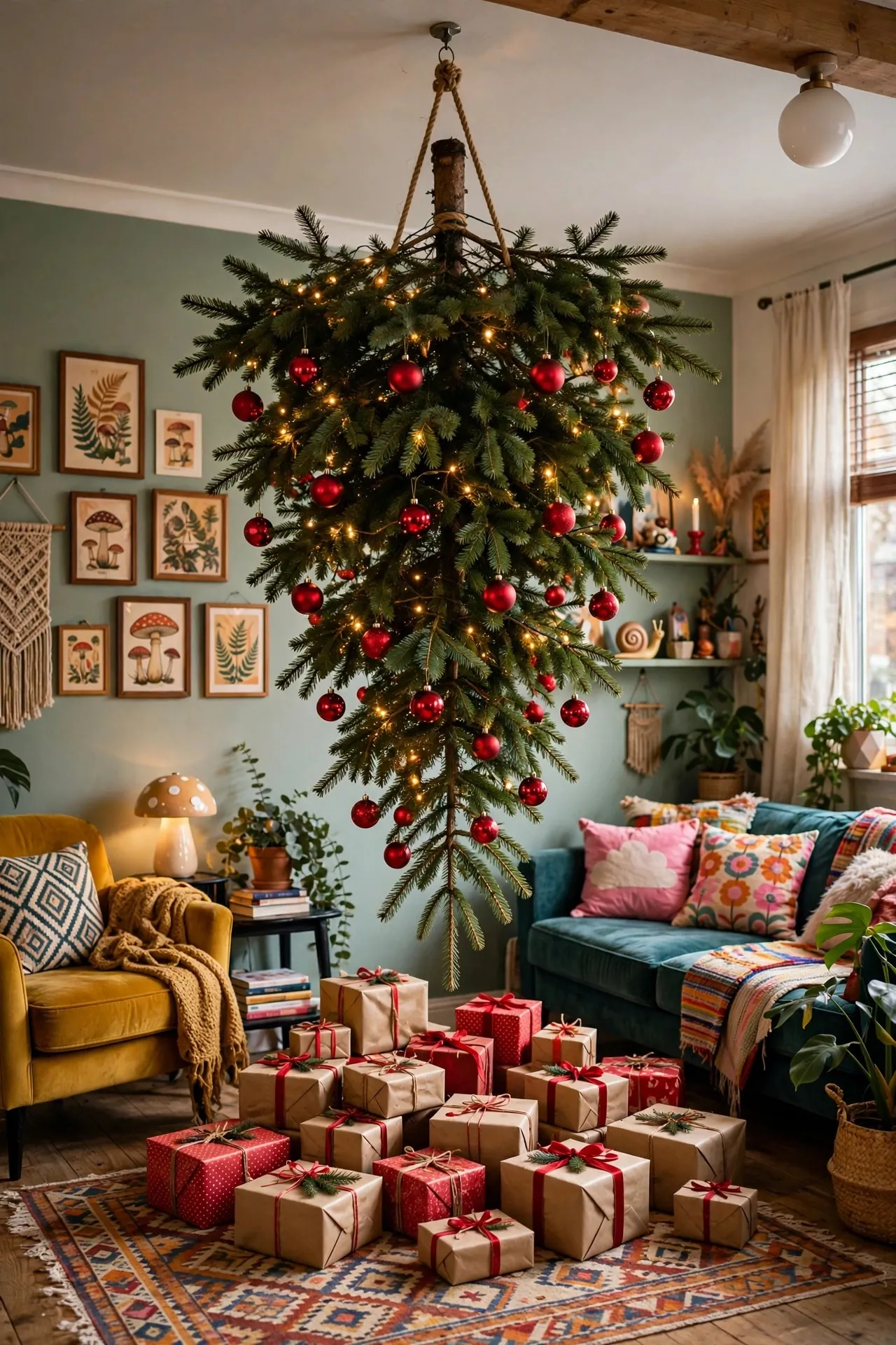 Upside down Christmas tree hanging from a ceiling