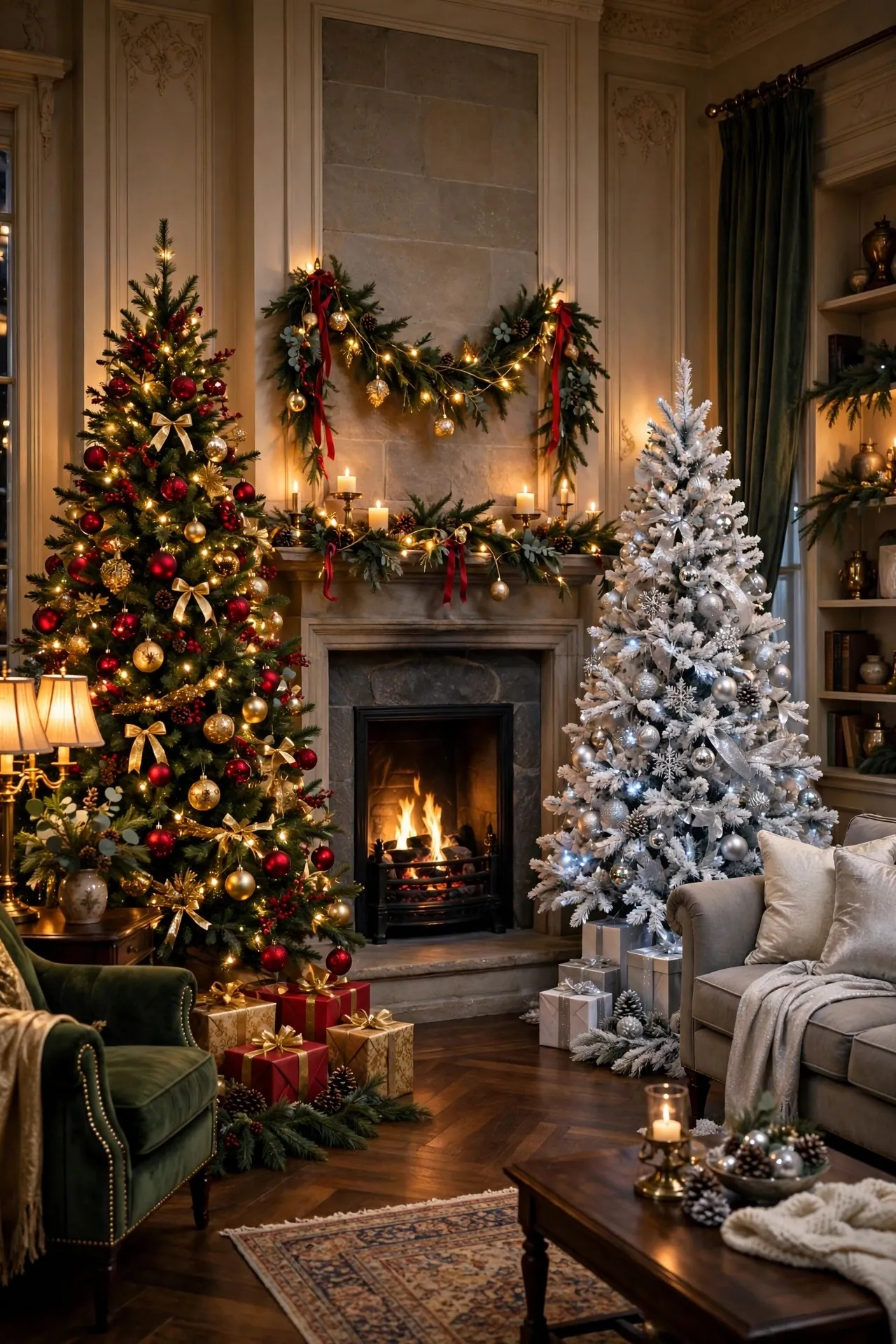 Two Christmas trees with different themes in one room